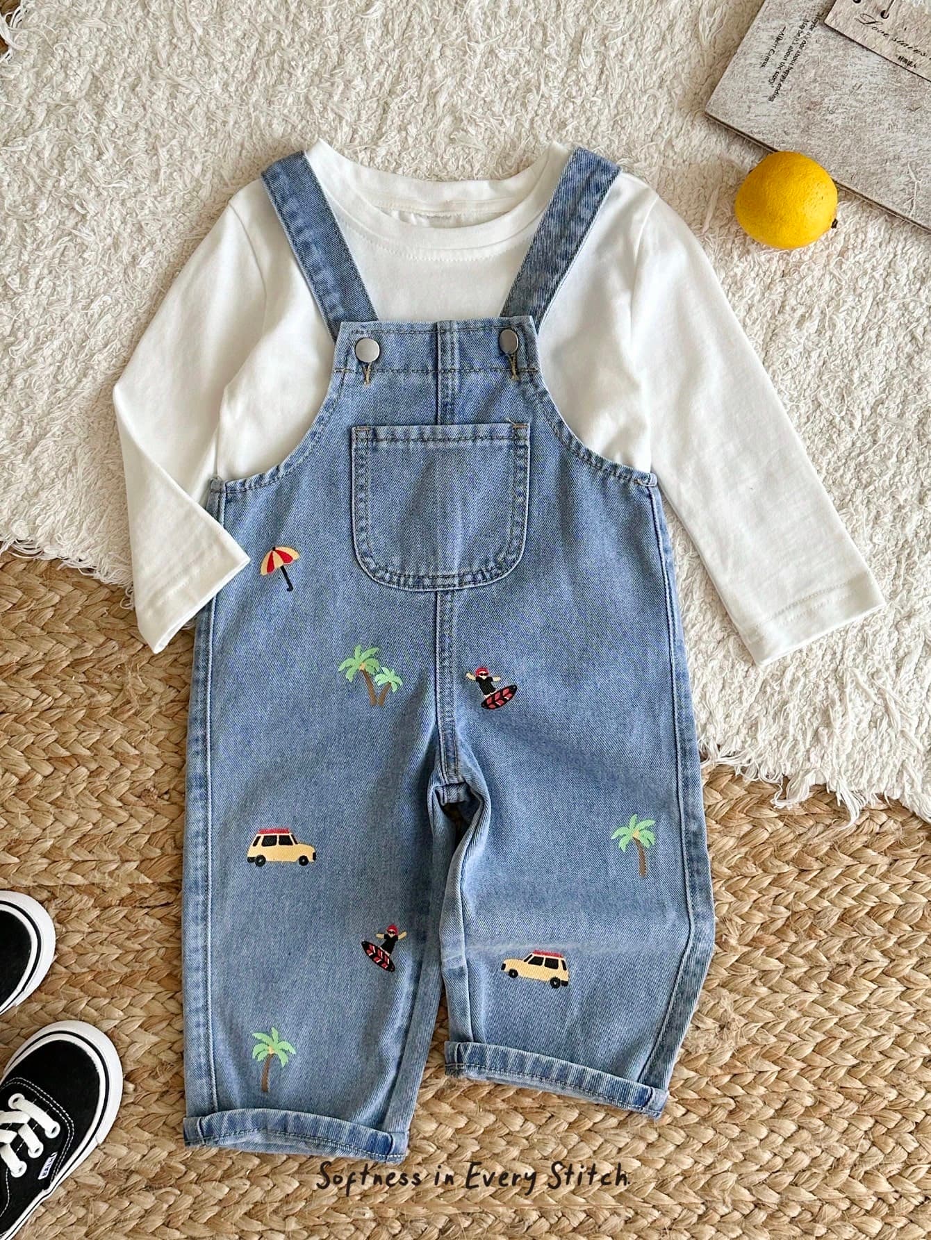 Cozy Pixies Baby Boy Palm Tree Pattern Denim Overalls Comfortable Versatile
