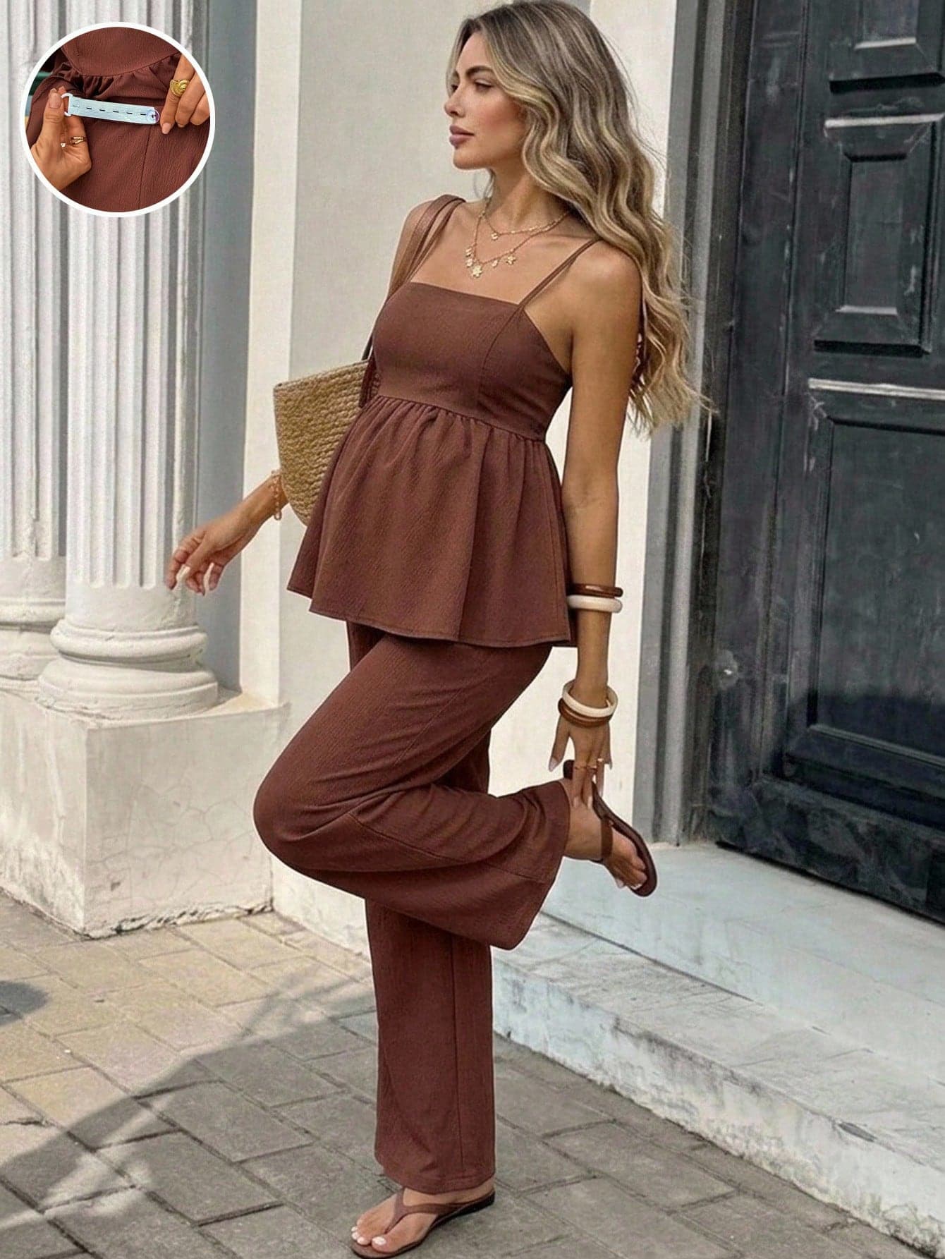 SHEIN Maternity Vacation Solid Color Ruffle Hem Camisole And Pants Casual 2 Pieces Set