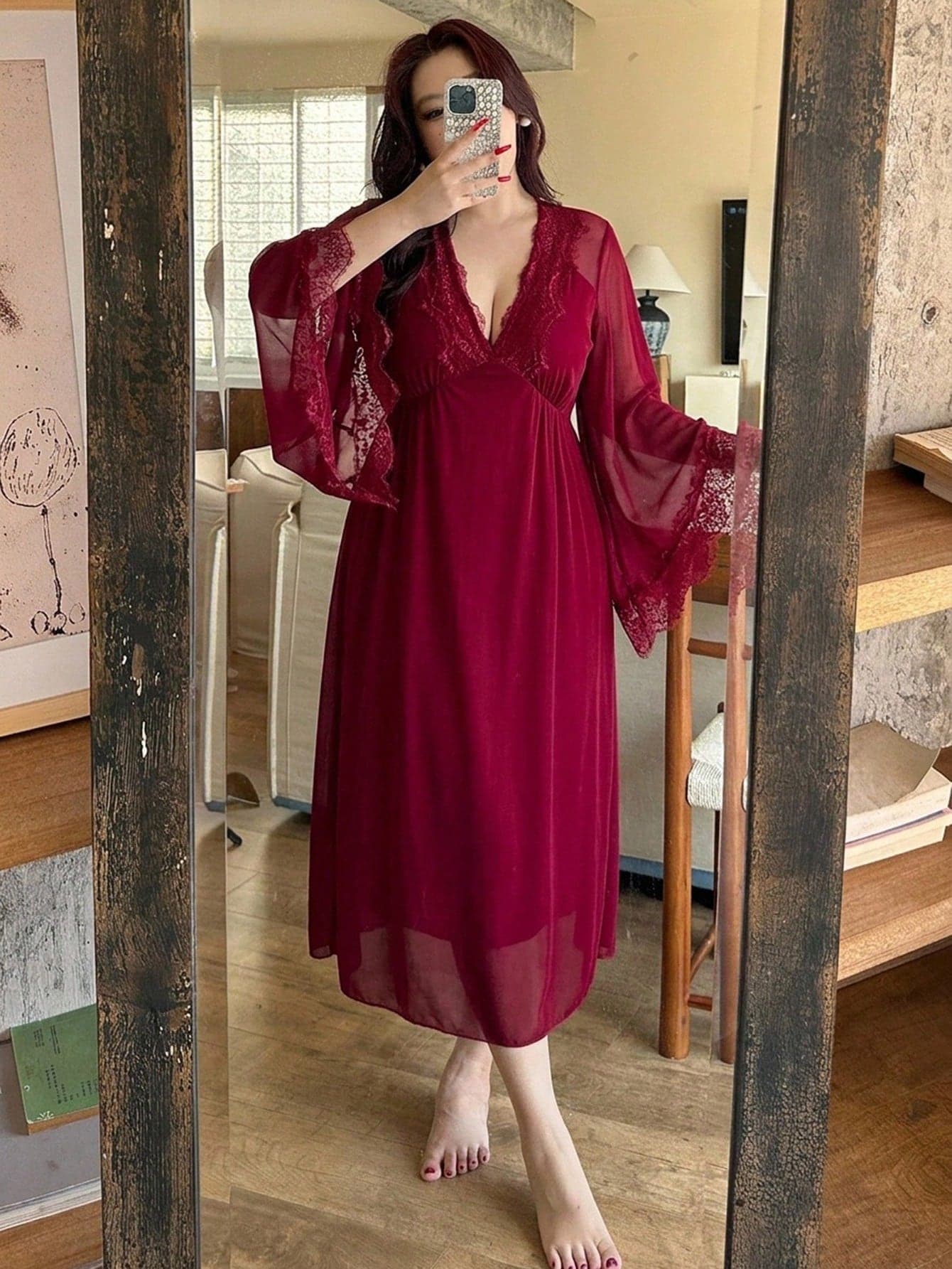 Dazy Plus Contrast Lace Minimalist Sexy Home Wear Cinched Waist Sexy Long Sleeve Chiffon Long Maxi Plus Size Women Spring Summer Nightgown Pajamas