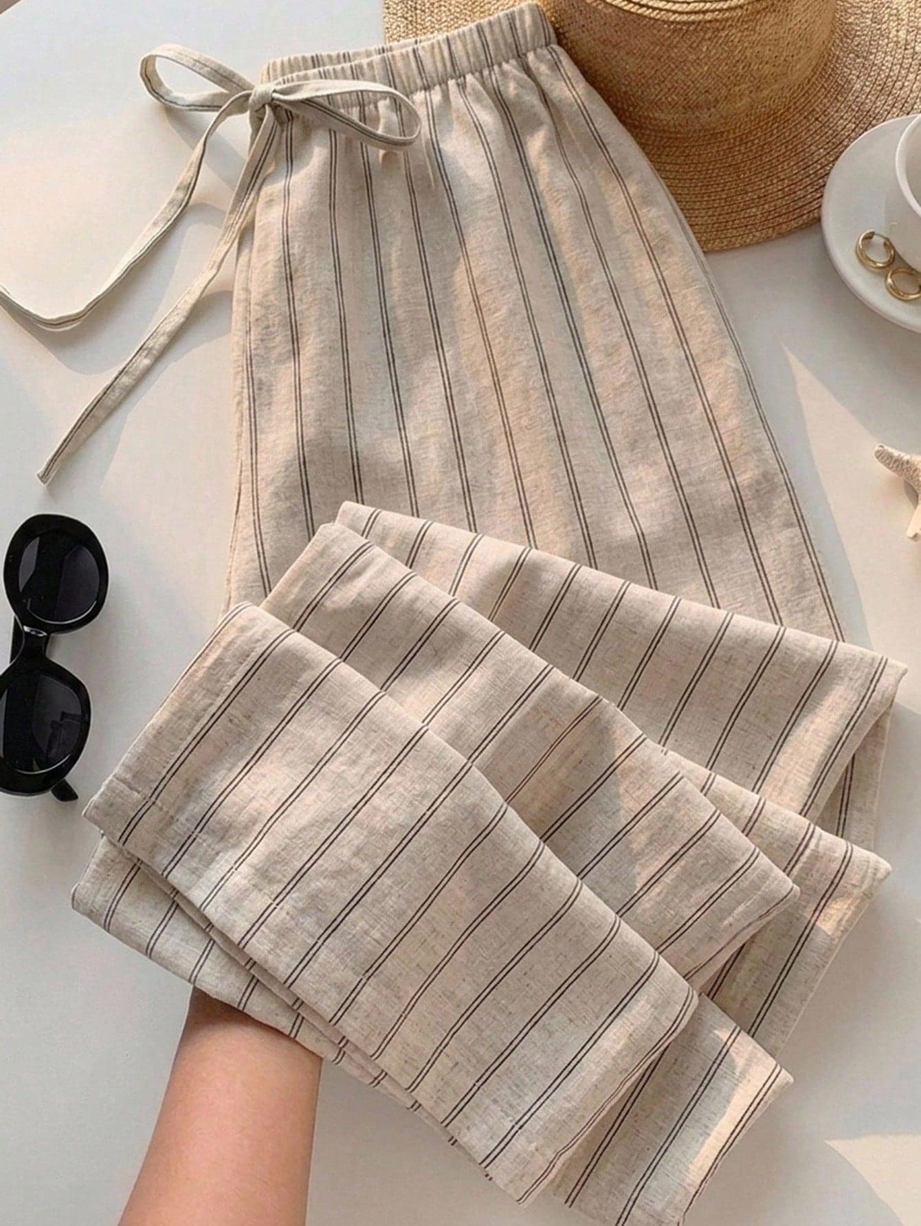 SHEIN EZwear Women's Casual Waist Tie Straight Leg Pants, Casual, Summer Clothing, Vacation Wear, Striped Pants, Streetwear, Vacation Wear, Beach Outfit, Street Style, Suitable For Daily Commute, Date, Party, Autumn/Winter, Summer, Christmas, New Year, Thanksgiving, Party, Wedding, Beach, Graduation Ceremony, Elegant, Casual