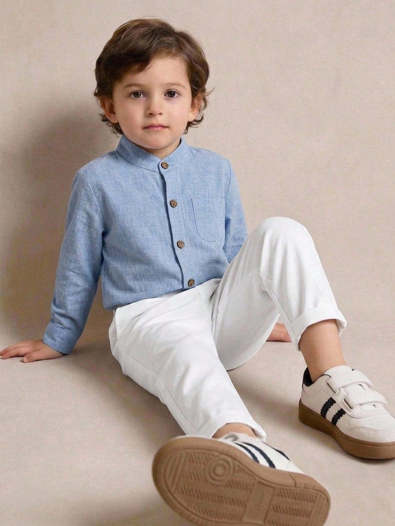 PrepCrw 2pcs Kids Young Boys Clothing Casual Preppy Style Stand Collar Long Sleeve Shirt/Long Pants Set