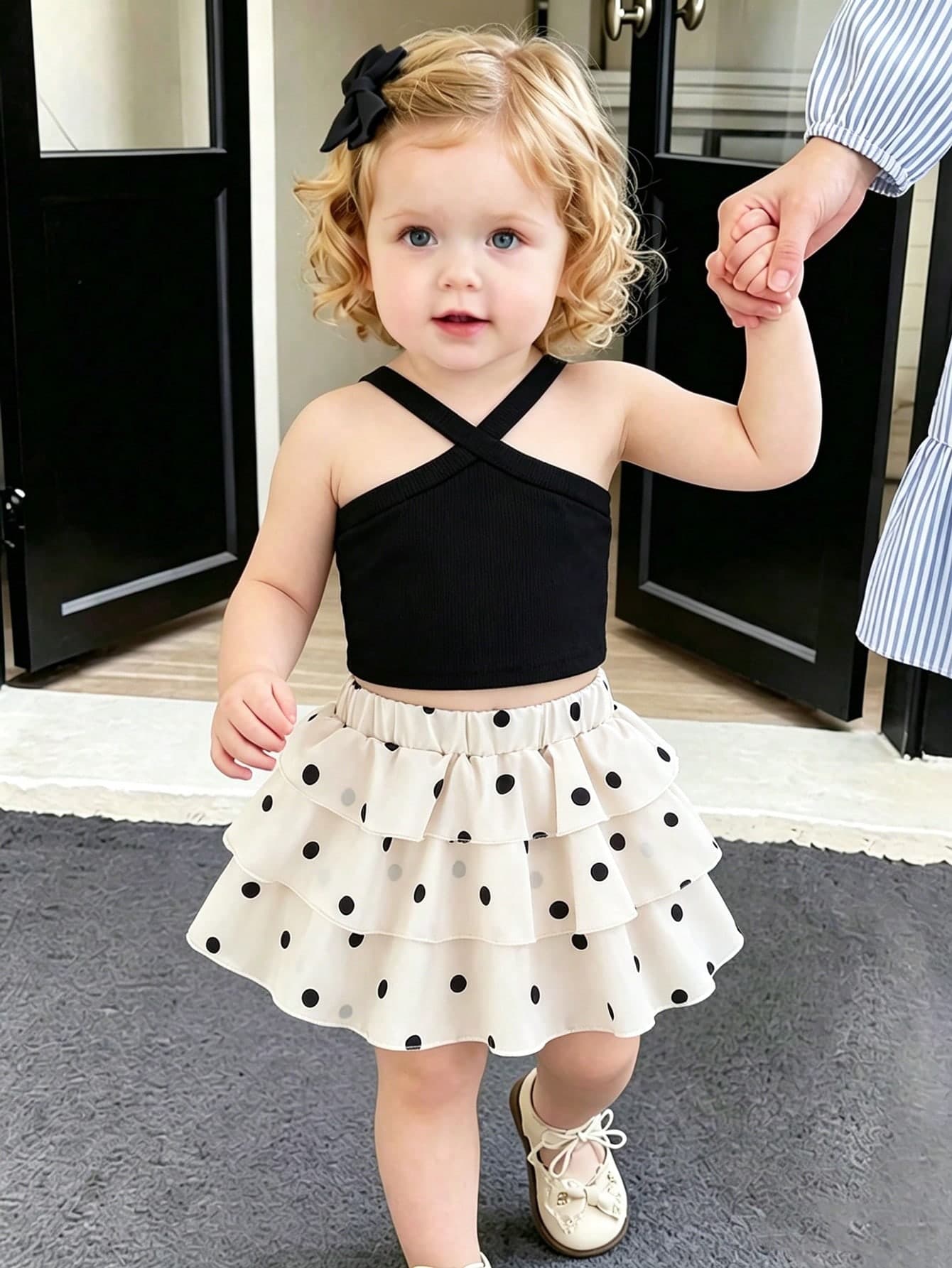 Souflis Souflis 2026 Summer New Girls Black And White Polka Dot Cake Dress Set, Cross Strap Design Sweet Cool Style 2 Pieces Set, Baby Girl Korean Style Fashionable Vacation Princess Dress