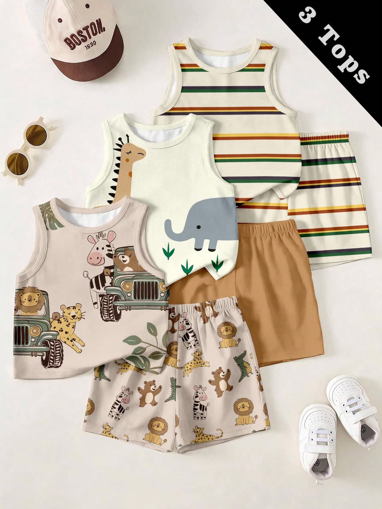 Baby Boy Casual Minimalist Tank Tops, 3pcs -Piece Set For Summer, Classic Cute Animal Print And Classic Retro Striped Print