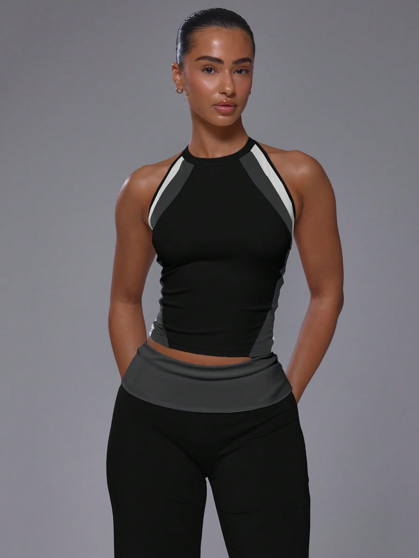 Musera Sport Contrast Colour Front Panels Scoop Neck Racer Back Fitted Active Tank Top Coord Top