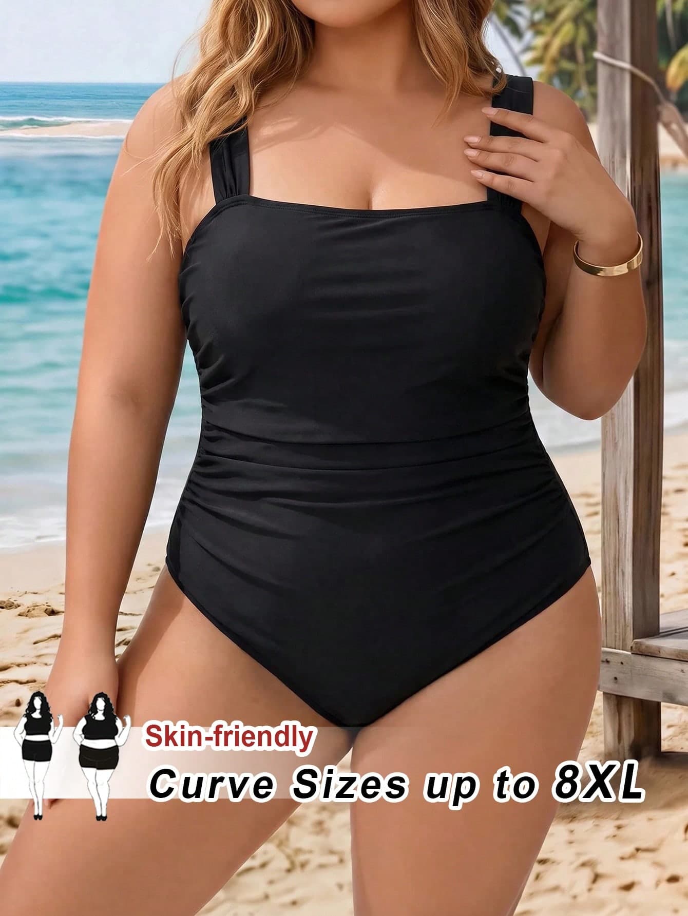 SHEIN CURVE+ 2026 Plus Size Women's Solid Color High Elastic Ribbed Fabric Fitted Scoop Neck Tight One-Piece Swimsuit For Summer Beach Vacation