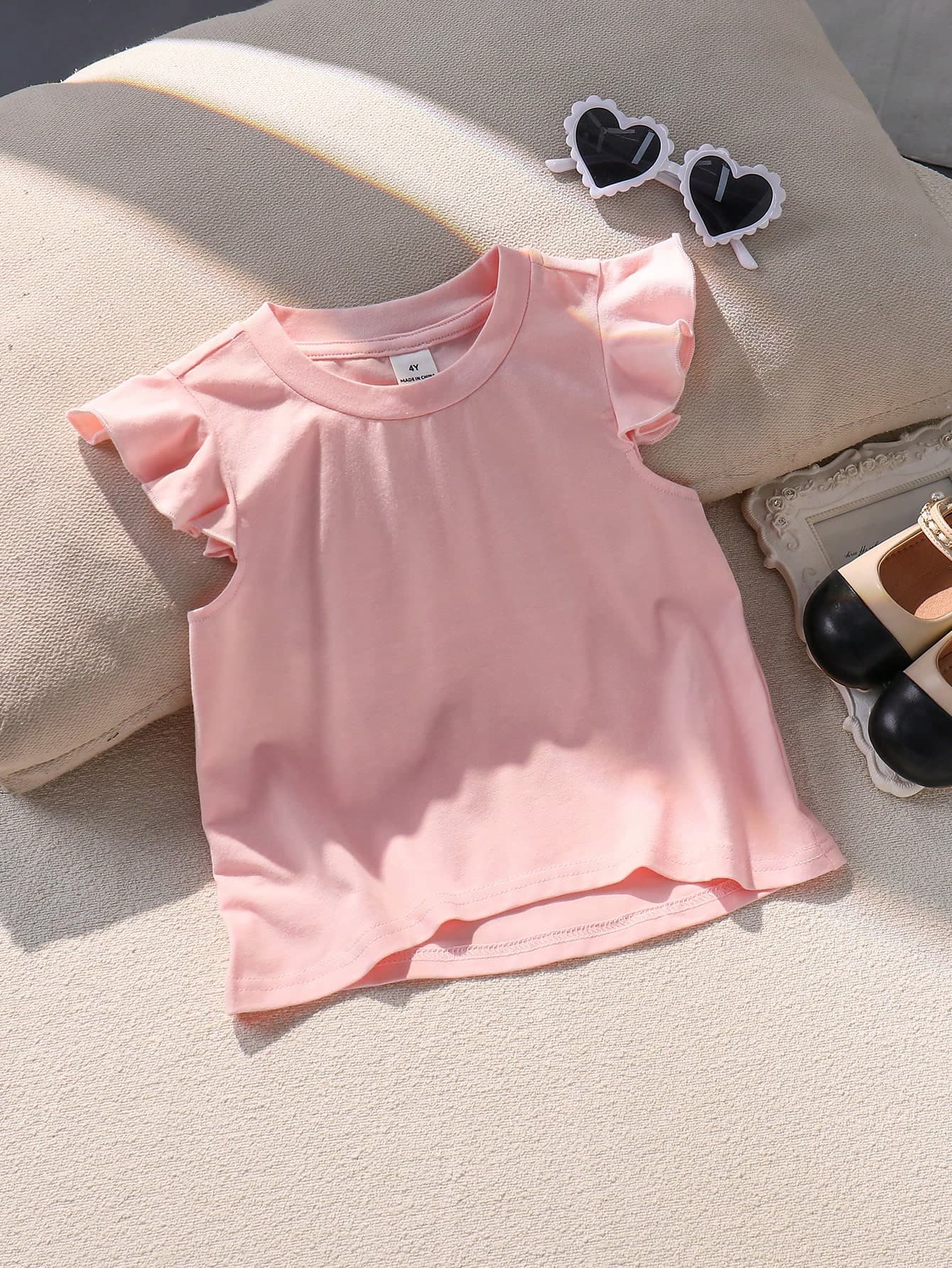 SHEIN Kids Young Girl Knitted Round Neck Casual Flutter Sleeve T-Shirt Baby Pink Summer