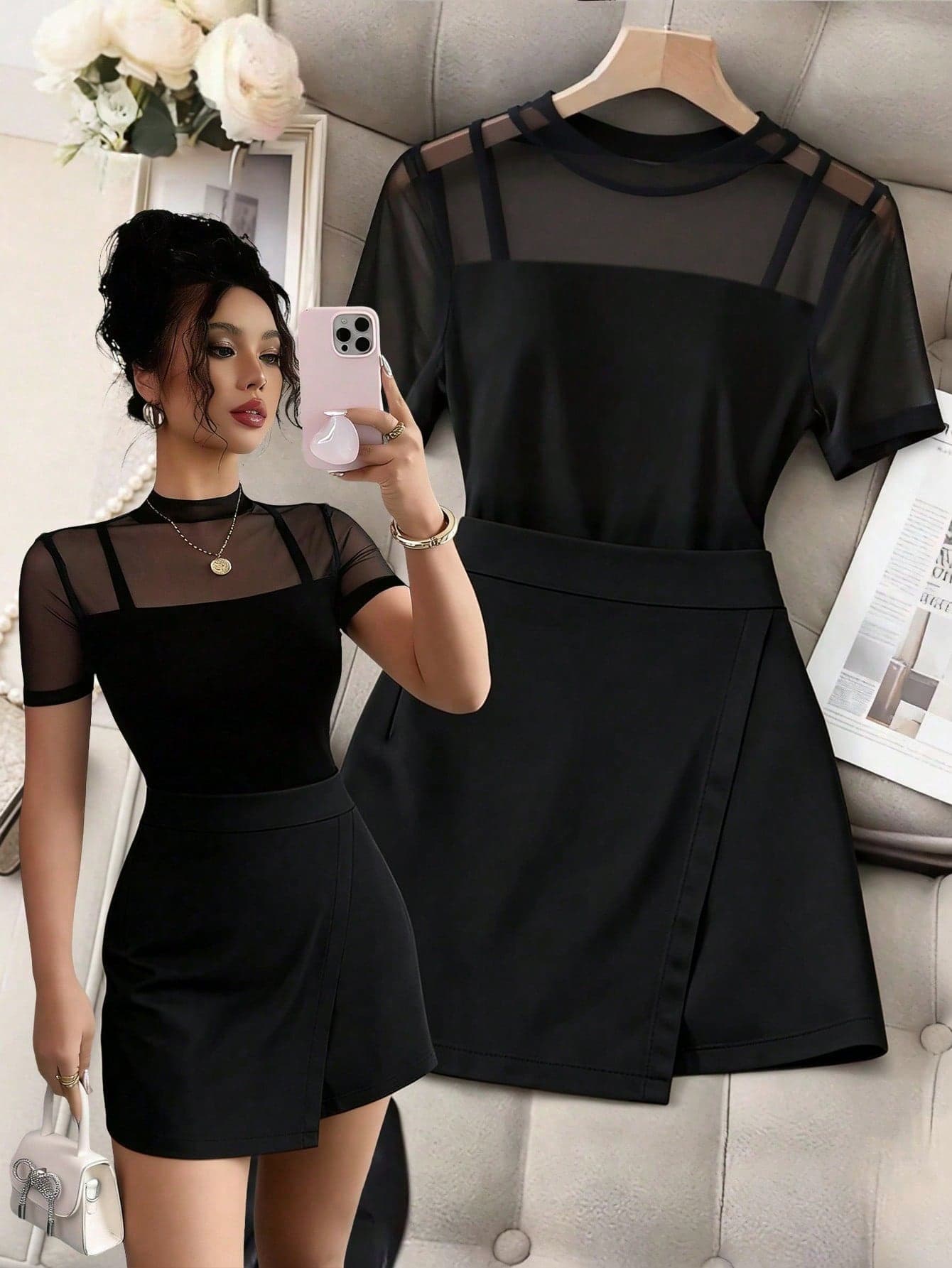 GlowEve Women's Black Mesh Semi-Sheer Patchwork Short Sleeve T-Shirt And Asymmetrical Skirt Two Pieces Set
