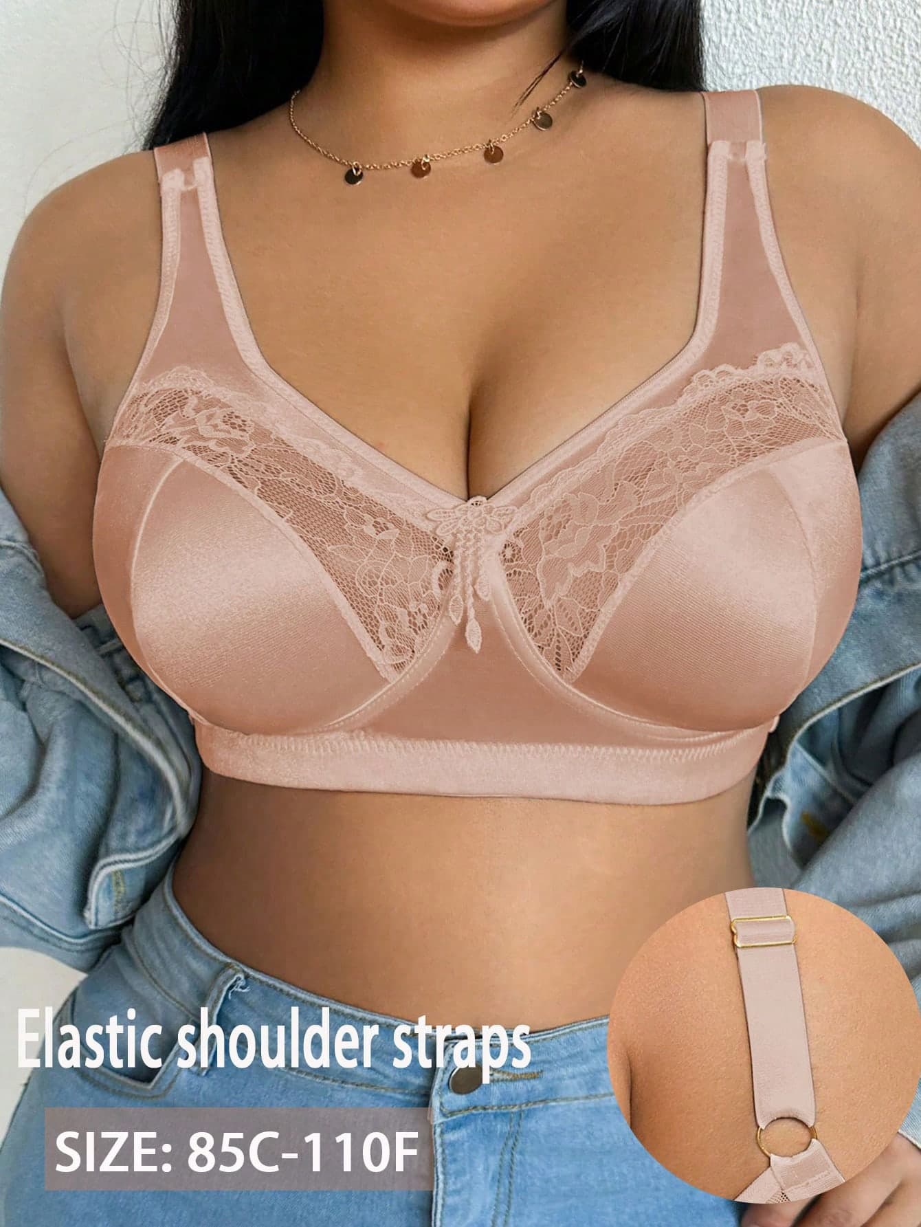 DesireSculpt Plus Size Lace Patchwork Wireless Bra, 1pc