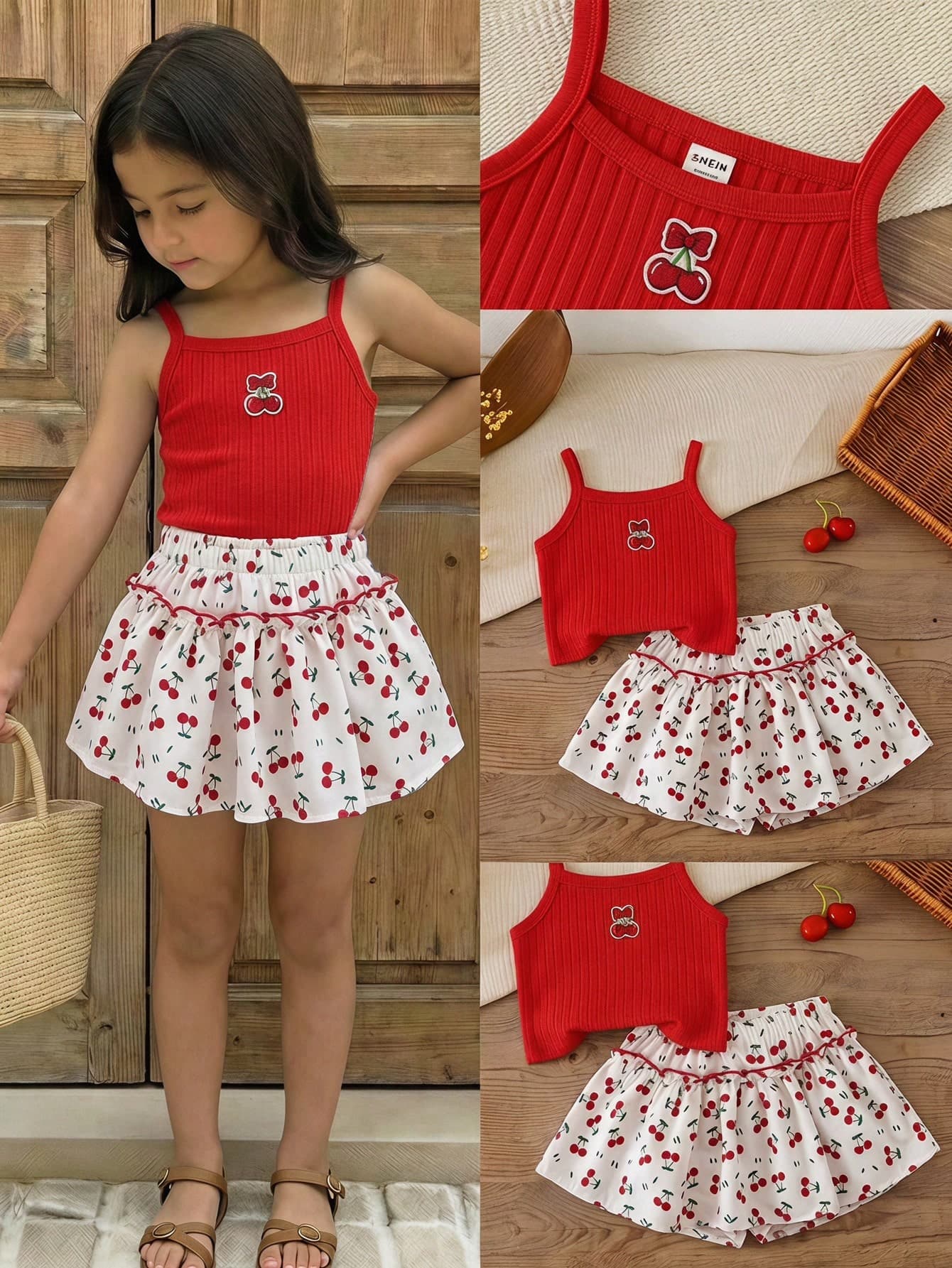 SHEIN Young Girl Knit Solid Color Cherry Patchwork Camisole Top And Cherry Print Shorts 2-Piece Set