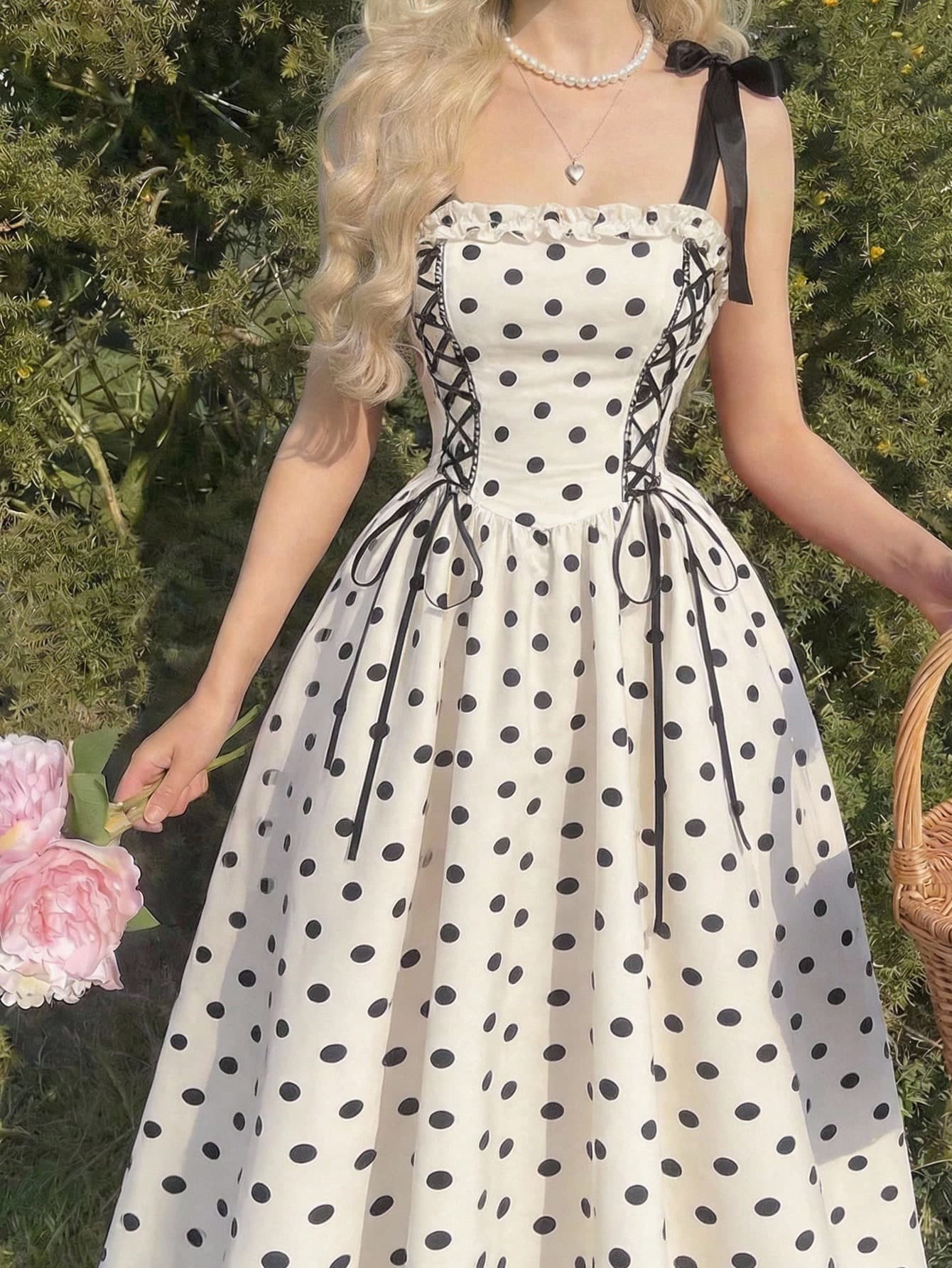 SHEIN MOD Women's Contrast Color White And Black Polka Dot Print Bow Tie Long Dress Vacation Summer Vintage Romantic Cute Festival Festa Junina Wedding