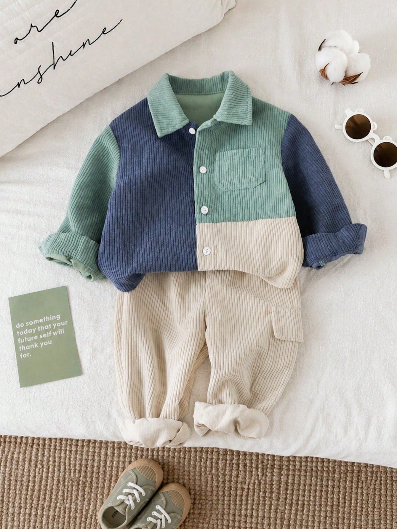 SHEIN Baby Boy Corduroy Patchwork Jacket And Elastic Waist Long Pants Set, Cute Autumn/Winter Outfit