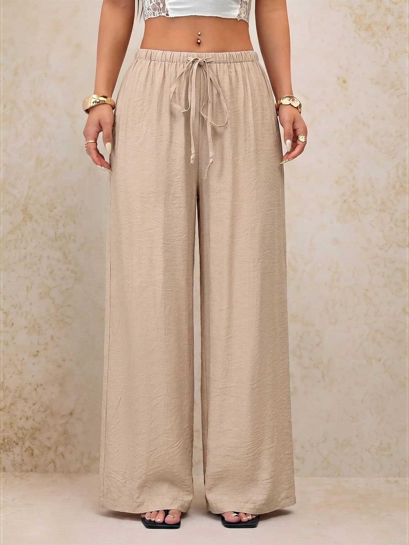 SHEIN PETITE Women's Solid Color Elastic Waist Drawstring Comfortable Minimalist Casual Long Pants Suitable For Daily Wear, Gatherings, Outdoor Activities, Khaki