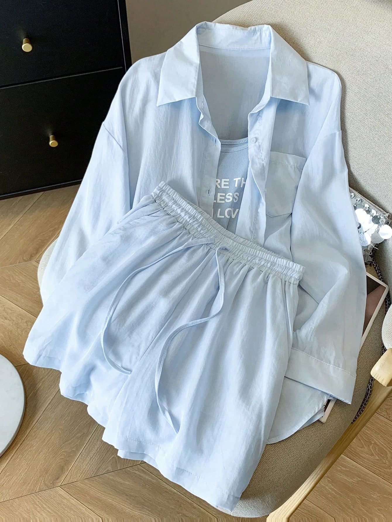 Resyla Women's Summer Casual Gentle Style Light Blue Shirt & Shorts 2 Pieces Set