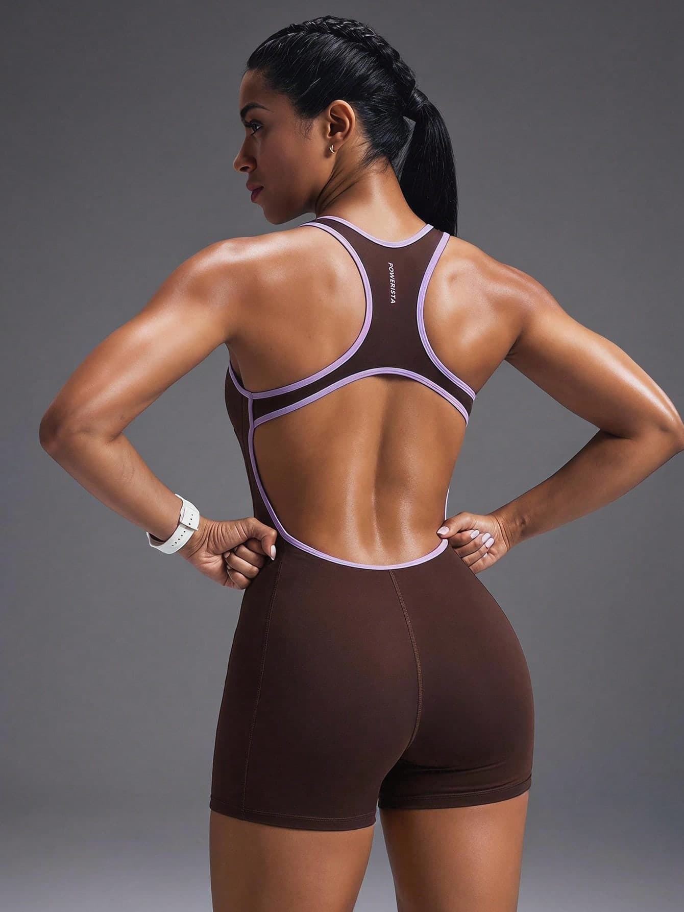 Powerista Women's Summer Backless Contrast Trim Racerback Fitted Athletic Bodyshorts Purple And Brown Color Blocking Running Gym Workout Fitness