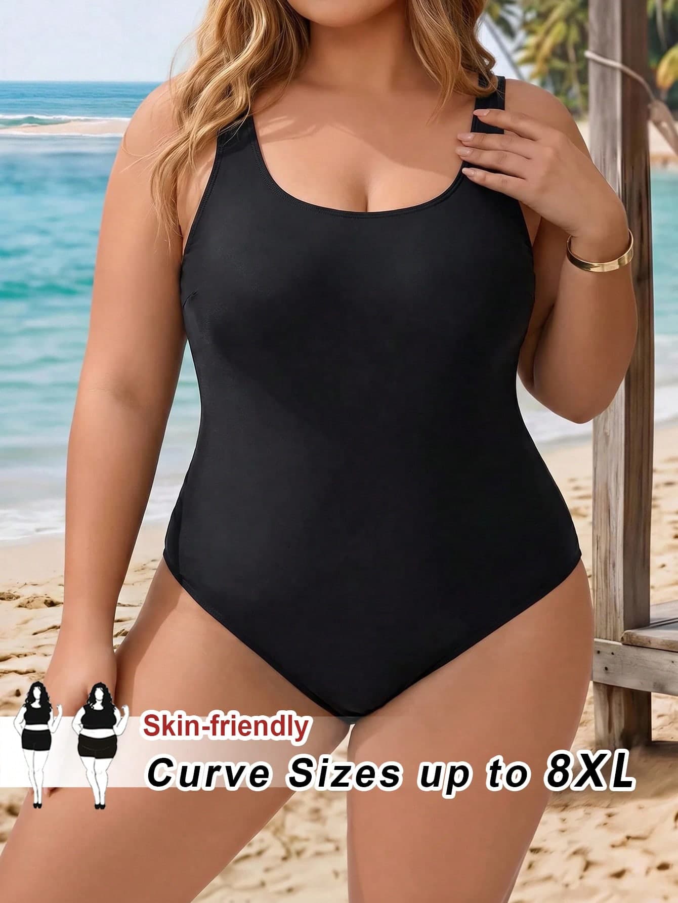 SHEIN CURVE+ 2026 New Arrival Plus Size Women One-Piece Black Solid Color Shiny Fabric Fashion Casual Minimalist Bikini Set, Slimming Tummy Control Round Neck High Leg Bodysuit