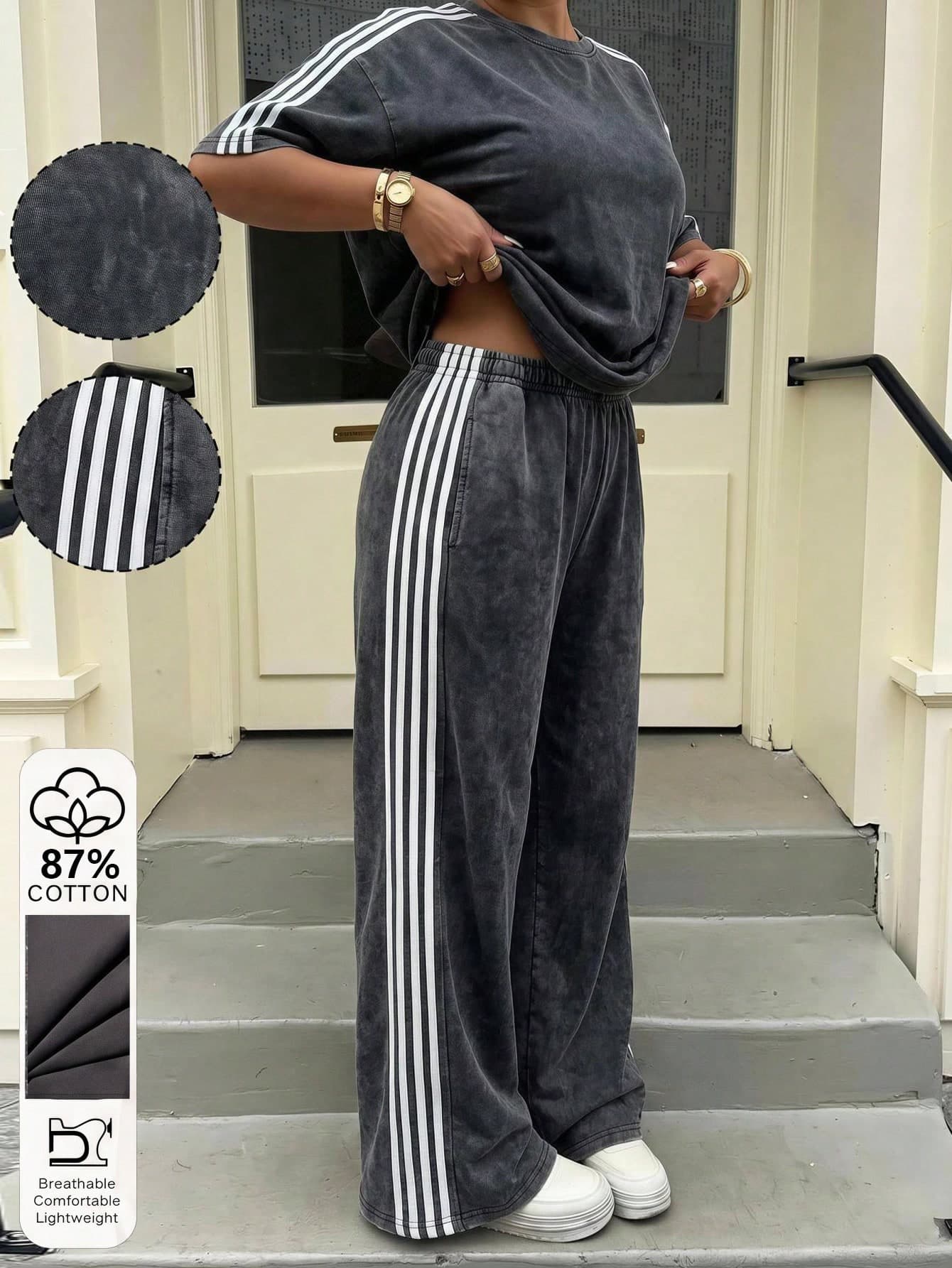 Muchica 2pcs/Set Plus Size Women Casual Striped Short Sleeve T-Shirt And Pants Set