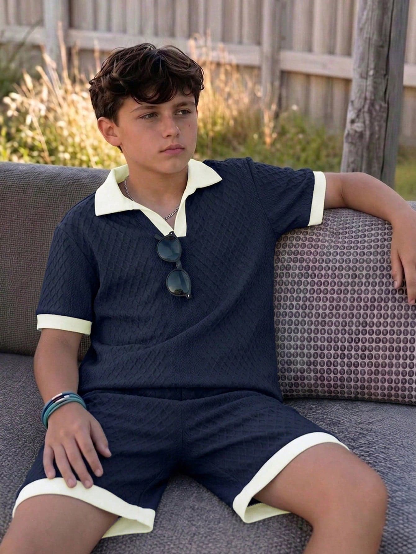 Tween Boys Back-To-School Summer Beige Navy Blue Casual Minimalist Jacquard Colorblock Short Sleeve Top Shorts Set,Comfortable School Outfits