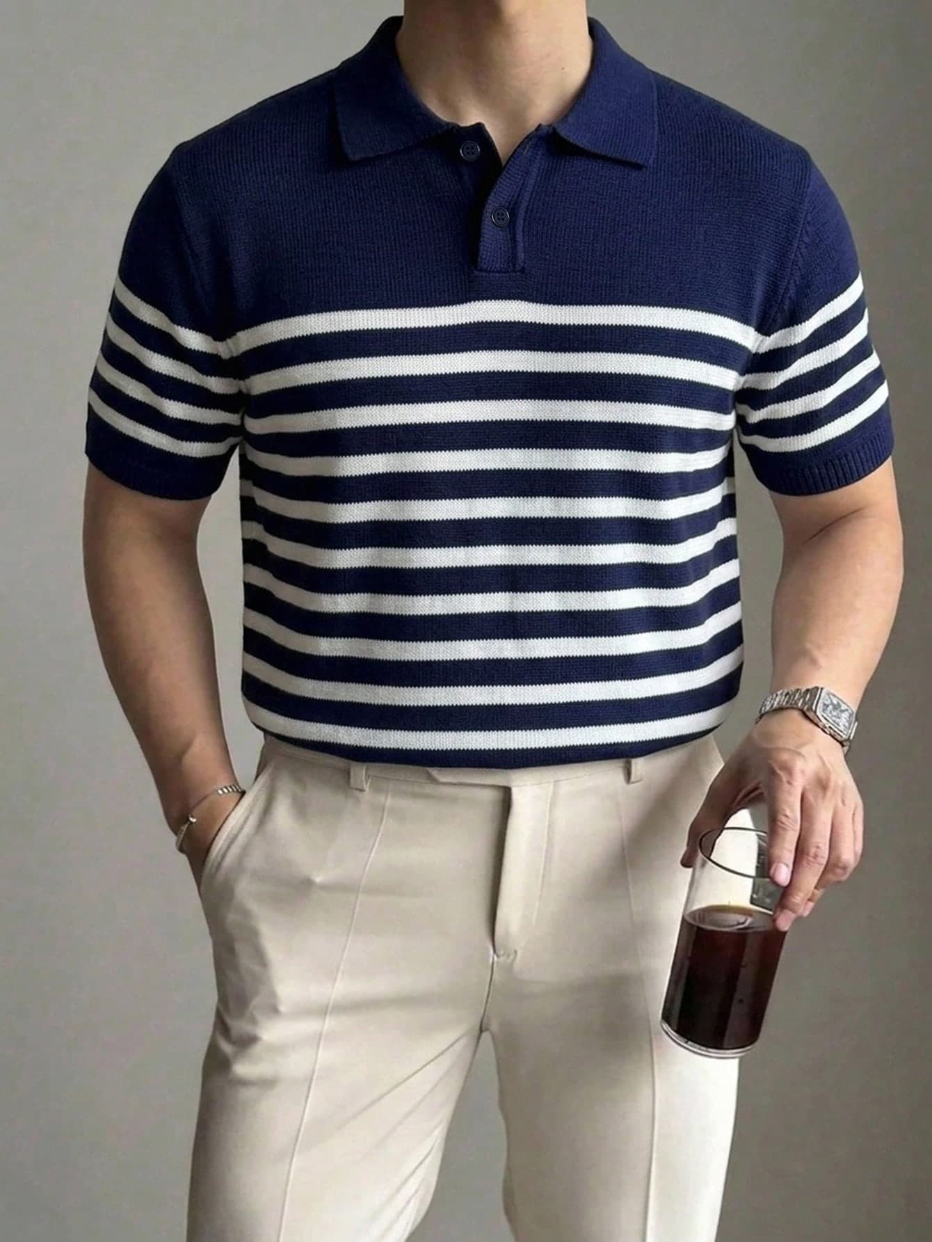 DAZY Men's Summer Half-Button Striped Color-Block Short Sleeve Knit Top