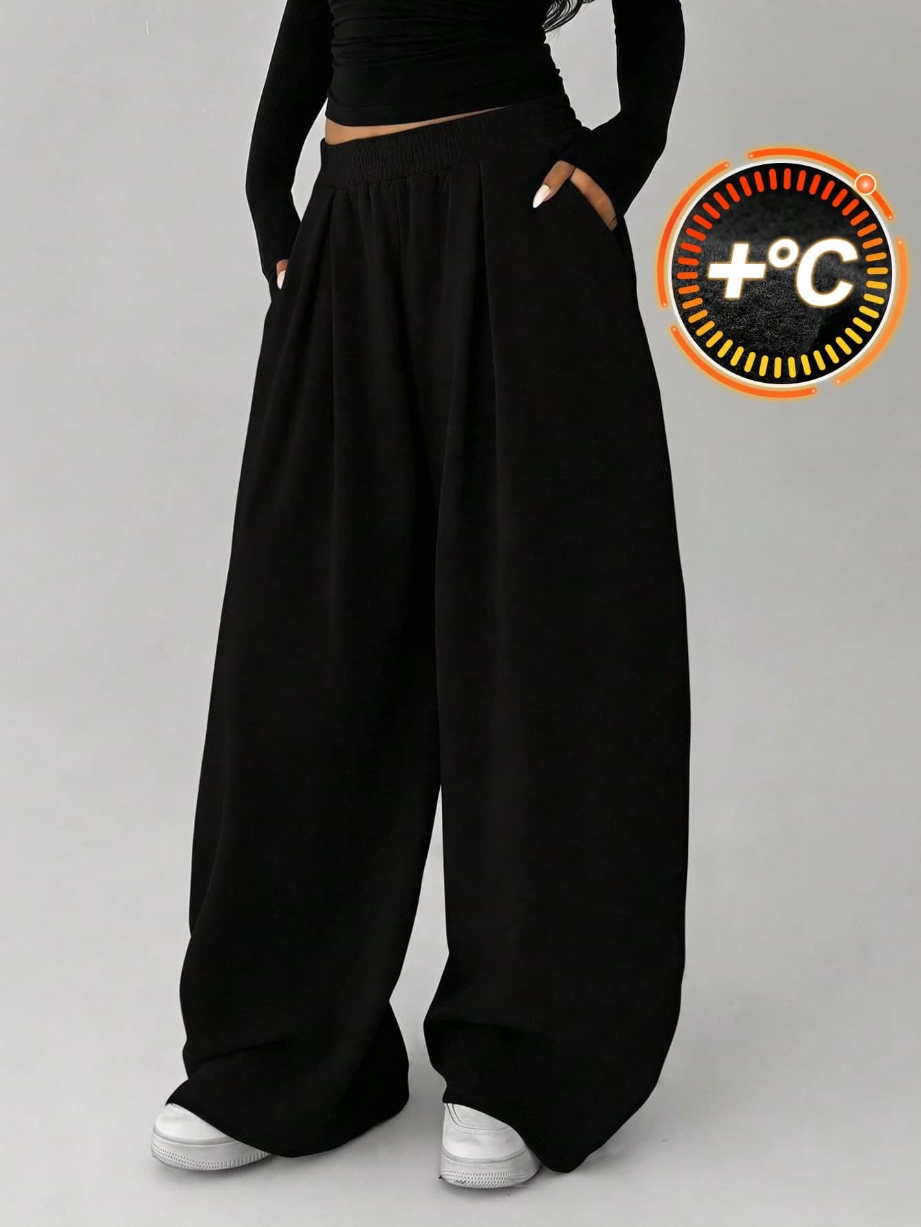 SHEIN Girlism Kids Teen Girls Sweatpants  Knit Black Solid Color Loose Casual Pocket Wide Leg Fleece Lined Elastic Waist Pleated Sports Pants,بنطلون اسود
