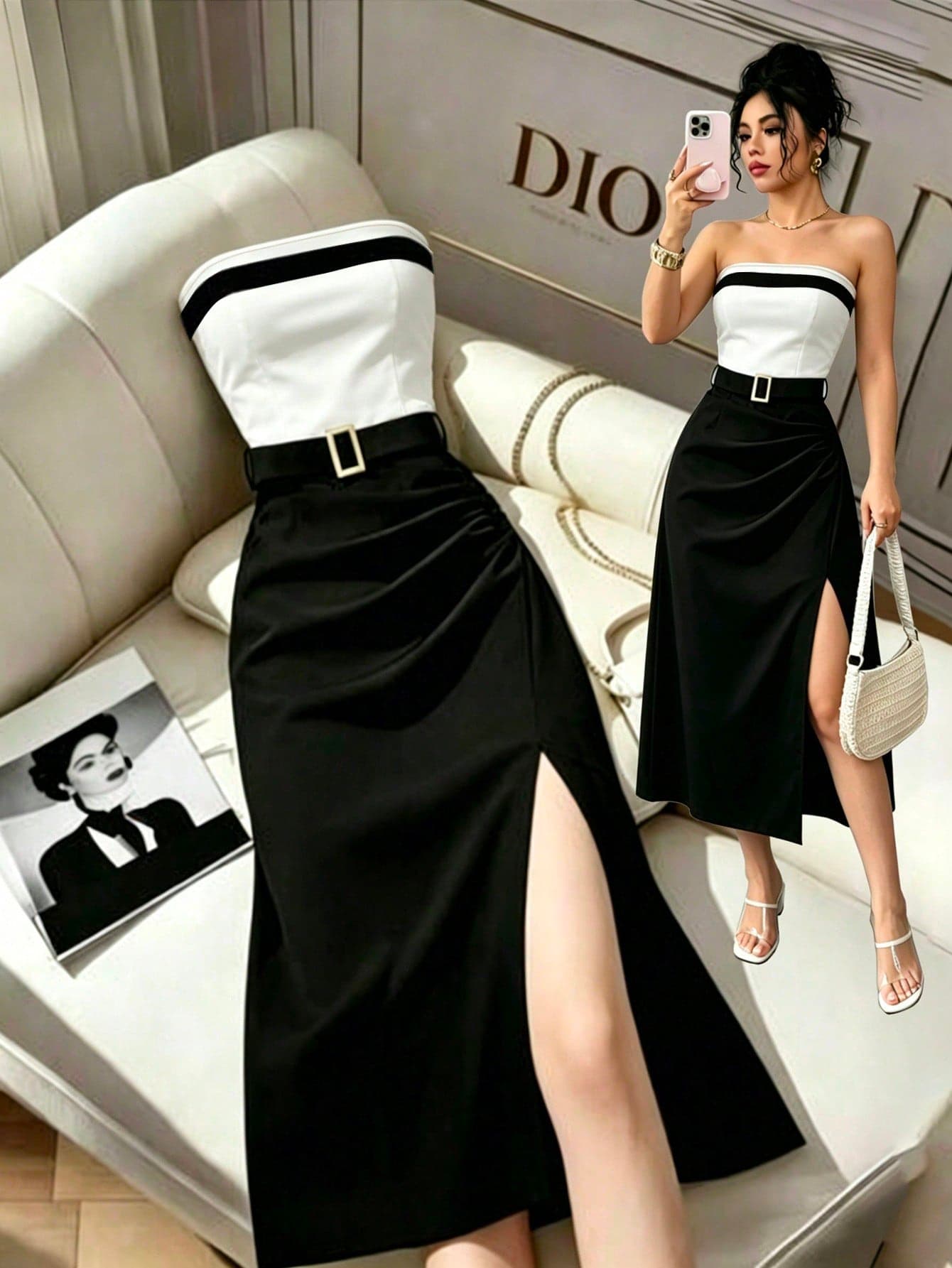 Rafferiza Women's Casual Colorblock Bandeau Waist-Cinched Slim Fit Pleated Hem Slit Dress, Sexy Dress, Commuter Dress, Fashionable Dress, Black And White Colorblock Design With Metal Buckle Belt, Office Dress, Suitable For Daily Summer Wear, Summer White Dress, Black Dress, Elegant Dress For Formal Occasions