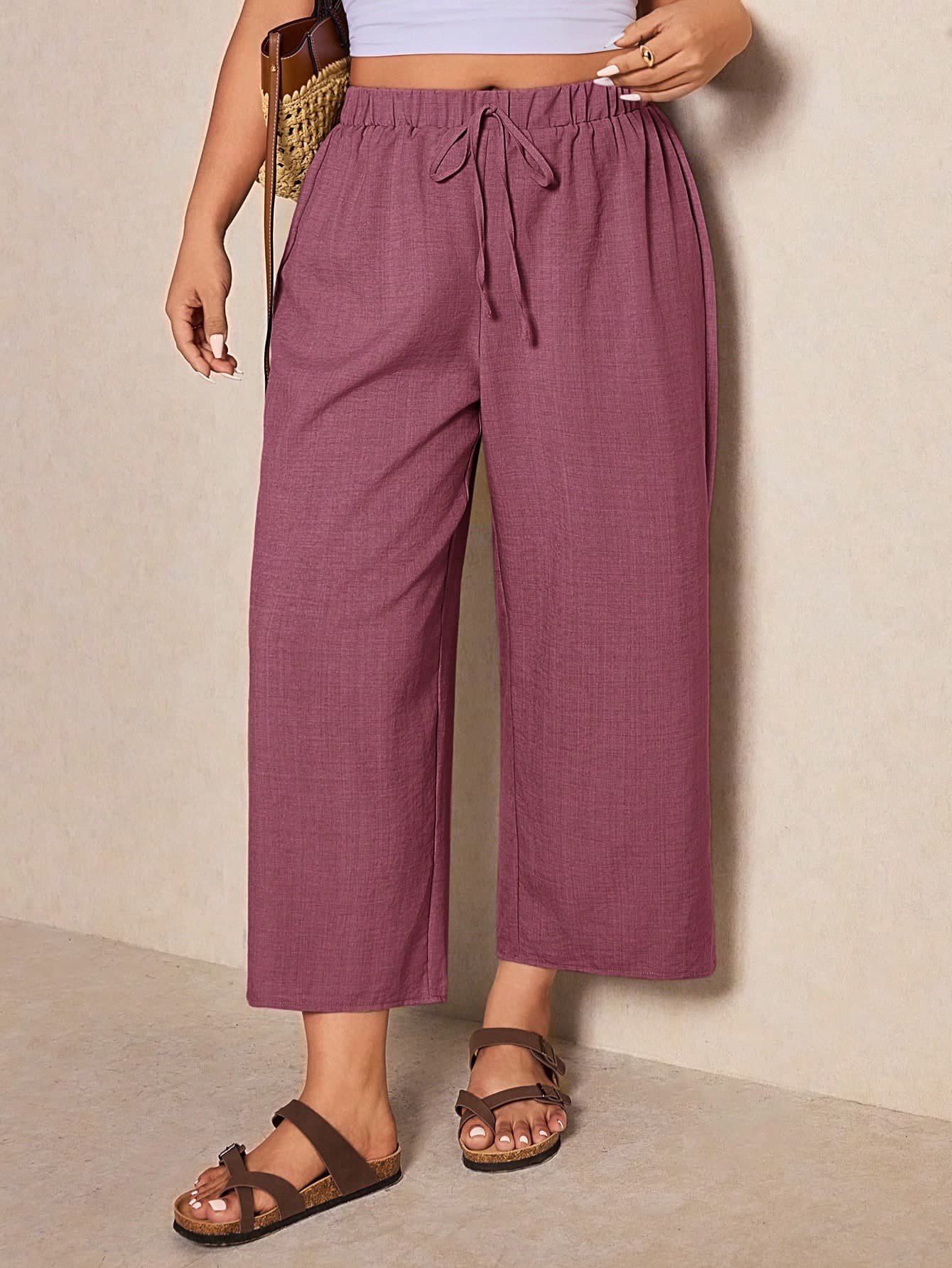 Elaquor Plus Size Women's Solid Color Drawstring Waist Casual Versatile Daily Wear Long Pants Formal Holiday Hot Pink Summer