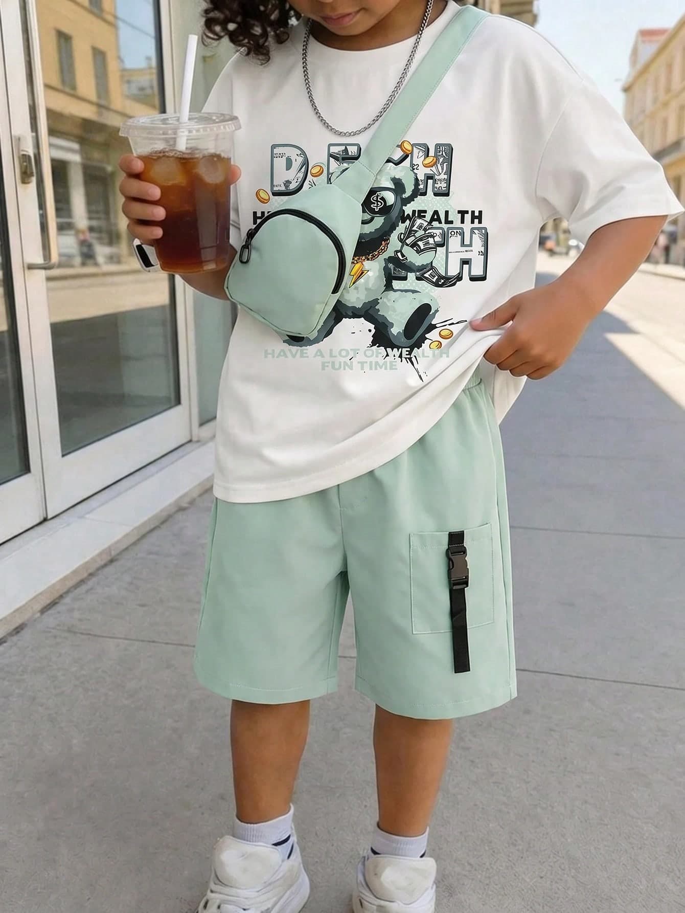 Mirajuku 3pcs Toddler Boys' Casual Cute Bear Print T-Shirt, Pocket Shorts Set With Green Sling Bag, Comfortable & Versatile Summer Outfit - Green