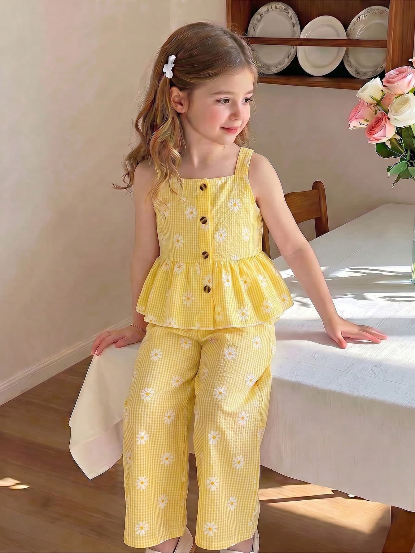 SHEIN Elladie kids Spring/Summer Girls' Energetic Pastoral Plaid Daisy Set, Blue And White Plaid Fabric With Fresh Daisy Print, Square Neck Camisole Top With Cinched Waist And Wide Leg Pants, Button + Ruffle Hem Design Adds Playful Charm, Fresh Energetic Style, Comfortable Wide Leg Pants Fit, Suitable For Daily Outings And Weekend Picnics