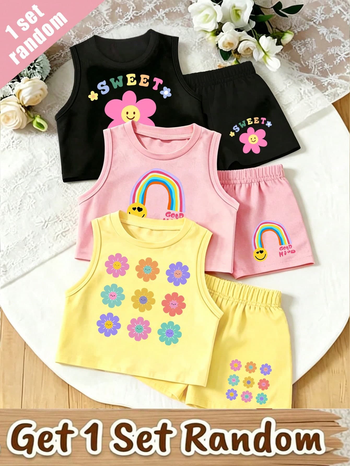 (Random 3 Sets,Send 1 Set)Spring Summer Autumn Girls Fashion Colorful Floral Rainbow Letter Print Casual Basic Tank Top And Shorts Set