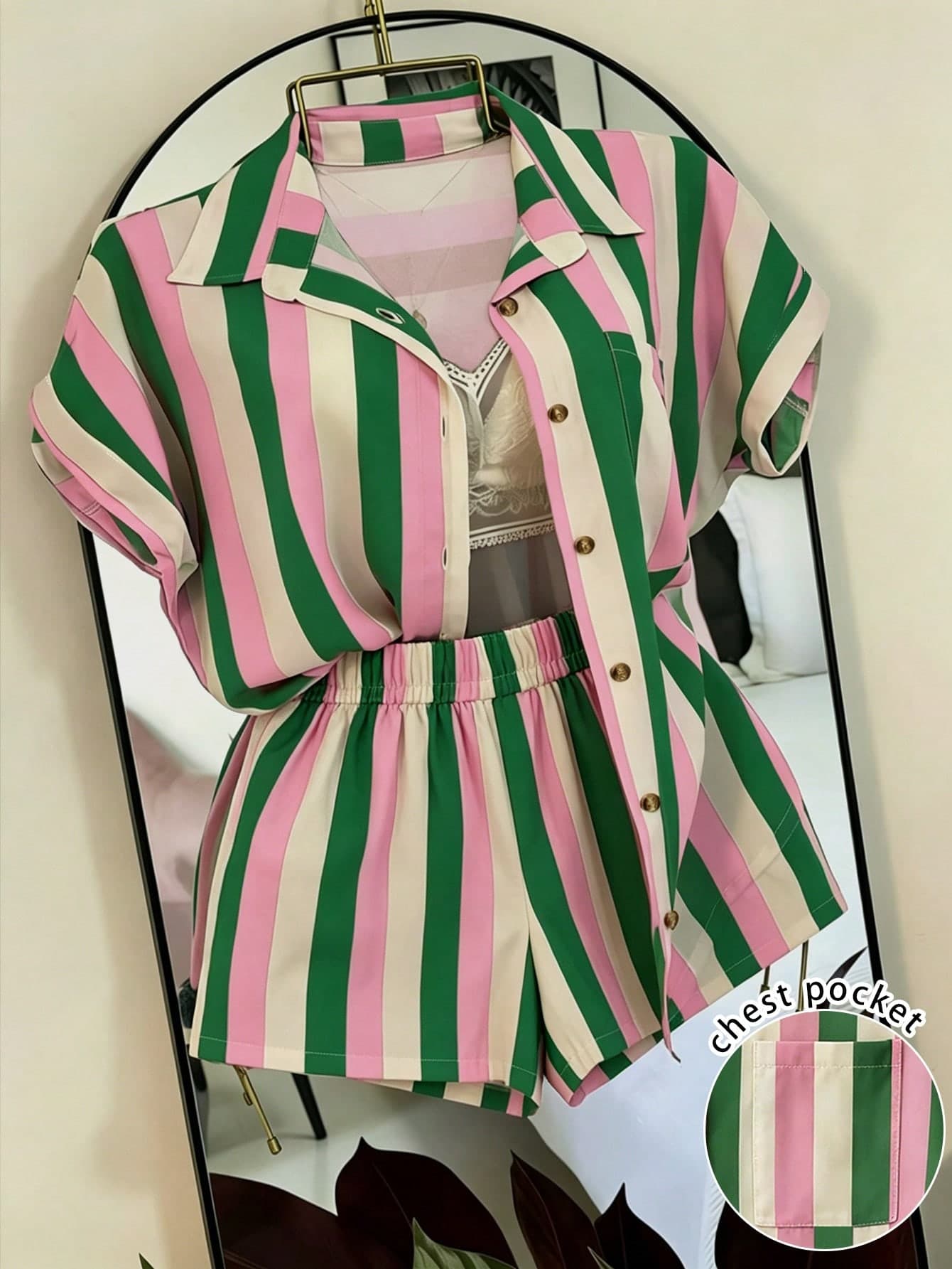 EMERY ROSE Vintage Colorblock Vertical Striped Lapel Short Sleeve Shirt & Loose Slimming High Waist Wide Leg Shorts 2-Piece Set, Versatile Casual Commuter Outfit