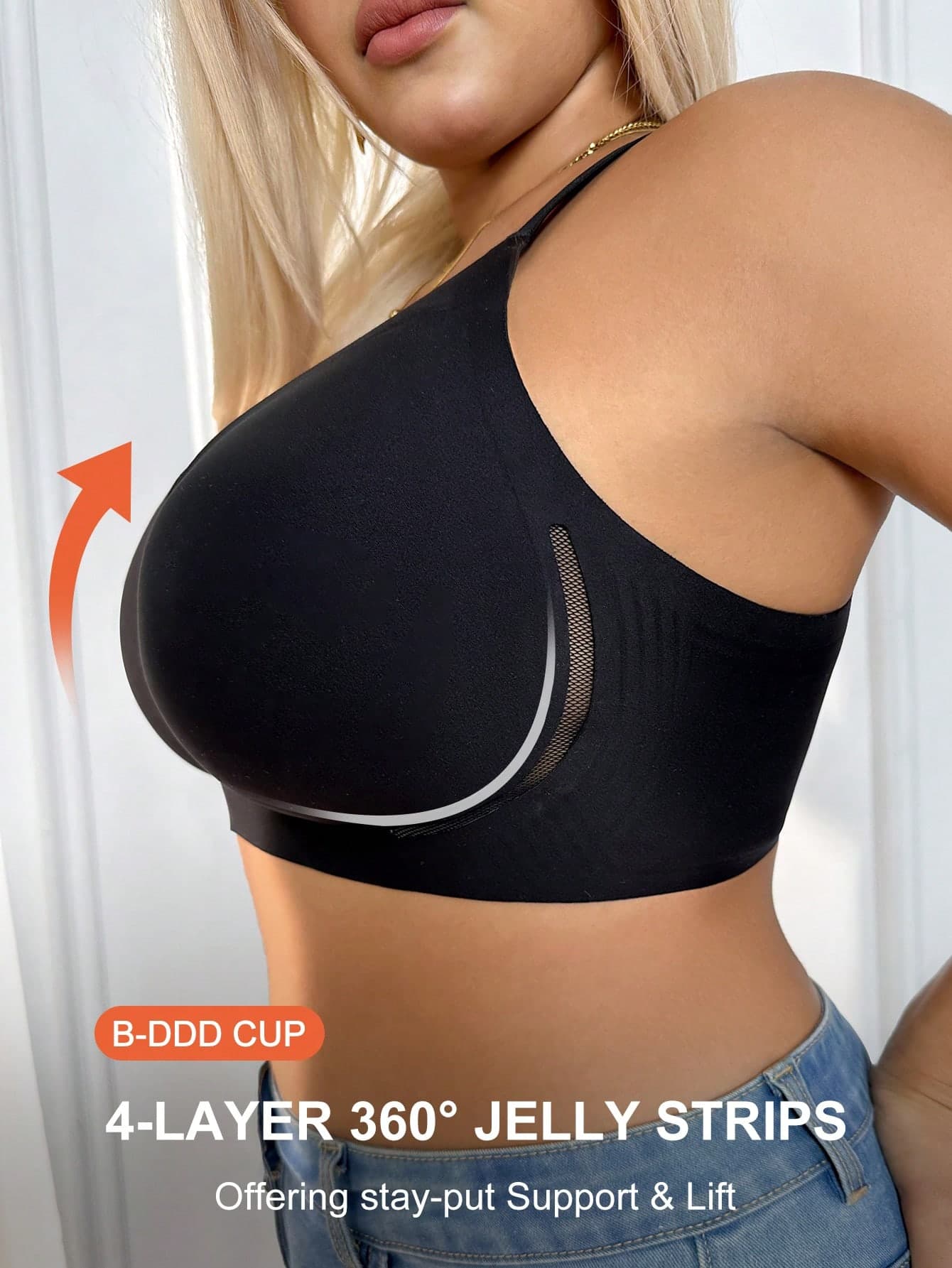 NudeFit Women's Plus Size Solid Color Mesh Patchwork Wirefree Lingerie,Fashionable & Comfortable Full Coverage Bra
