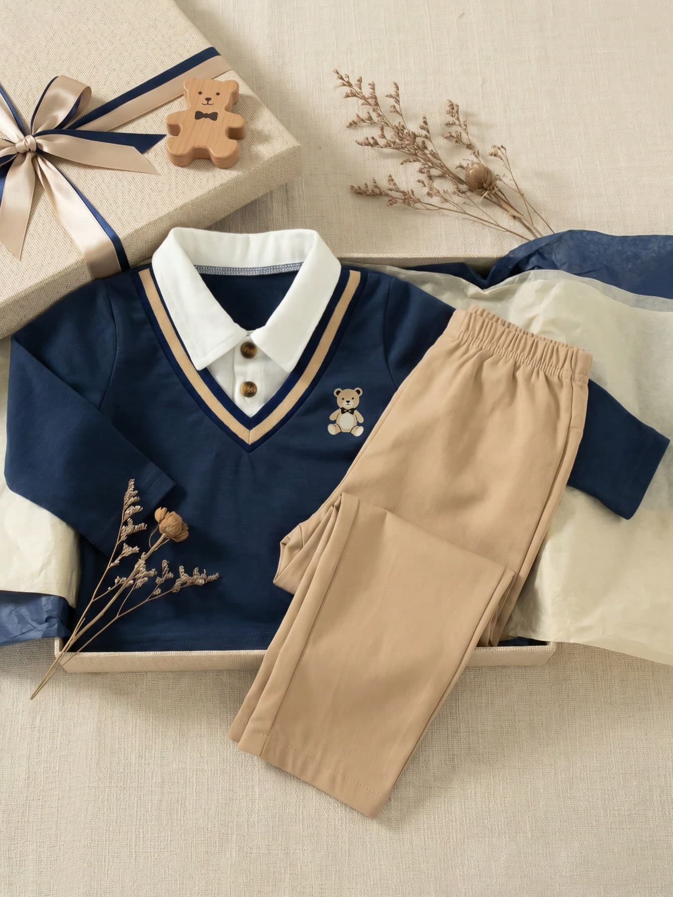 Souflis Souflis 1pc Baby Boy Outfit, Knitted Long Sleeve Polo 2 In 1 Sweatshirt With Chest Print Top + Elastic Waist Long Pants, Khaki Color, Autumn Casual Family Matching Style