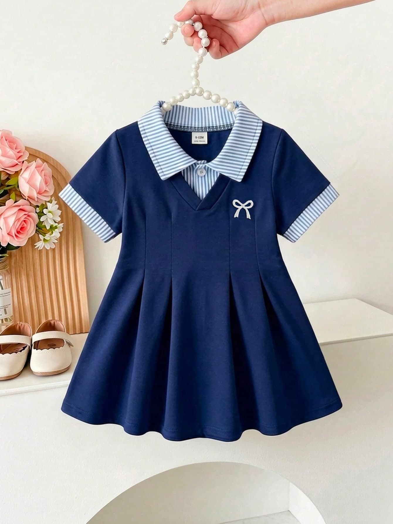 SHEIN Baby Girl White Casual Dress, Single Piece, Ribbed Collar, Ribbed Cuffs, Suitable For Casual, Outings, Sports, Parties