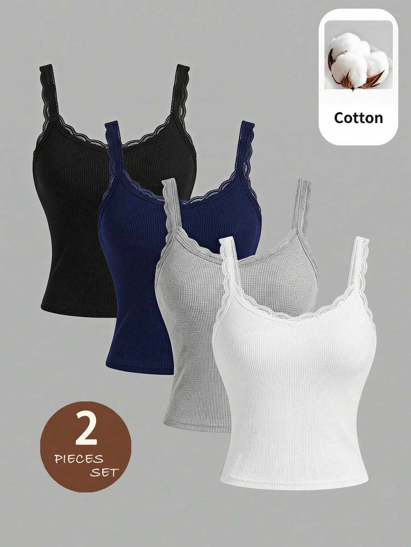 SHEIN Girlism Teen Girl Ribbed Knit Patchwork Lace Trim Camisole Tank Top 2pcs Set