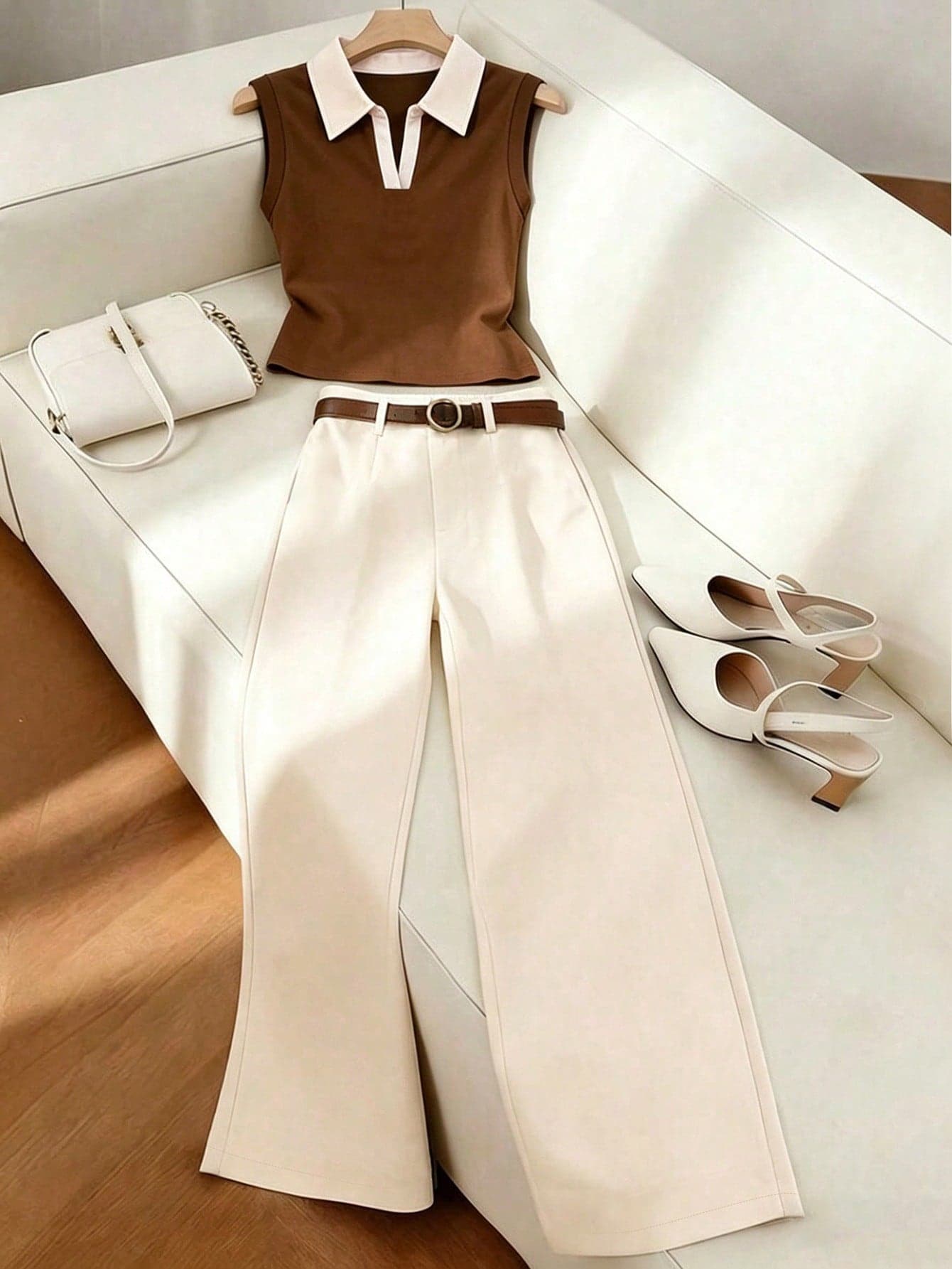 Franclia 2pcs/Set Women's Casual Elegant Outfit,Polo Collar Contrast Color Vest & Khaki Wide Leg Pants,Summer Brunch Beige Commuting Fashion Wear Summer Set