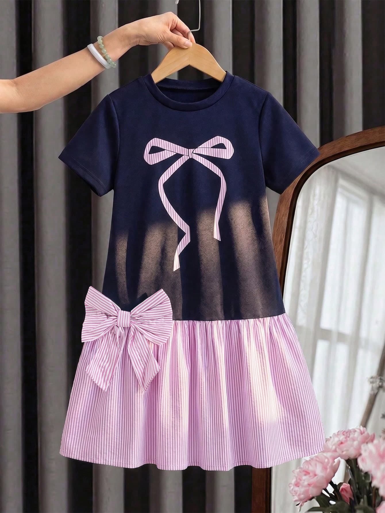 SHEIN Girls' Spring/Summer Casual A-Line Dress, Decorated With Bow Tie Heat Transfer Print, Simple And Timeless Style. Suitable For Daily Wear And School