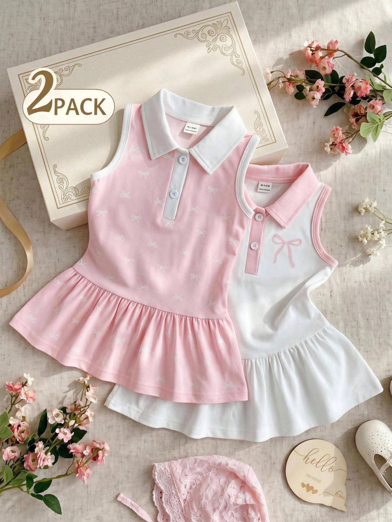 SHEIN 2pcs/Set Sweet Style Girls' Summer Dress, Polo Collar Sleeveless Ruffled Hem Dress With Cute Butterfly Print, Casual Sporty For Park Stroll, Weekend Outing