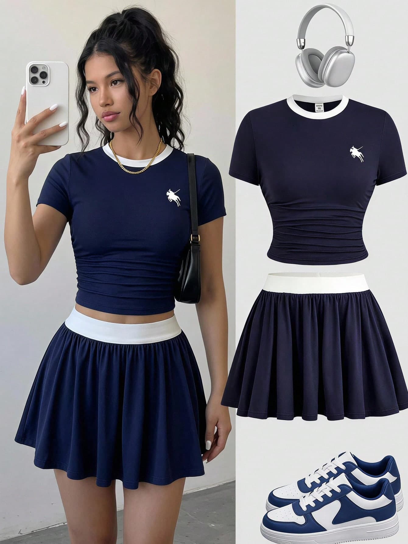 SHEIN Kids Teen Girls Summer Slim Fit T-Shirt & Skirt 2-Piece Set, New Summer Blue Solid Color Short Sleeve T-Shirt & Anti-Exposure Skirt Outfit, Versatile Daily Commute Set For Girls, Suitable For Daily Wear, Elegant , Party, Family Gathering, Graduation Ceremony, Vacation