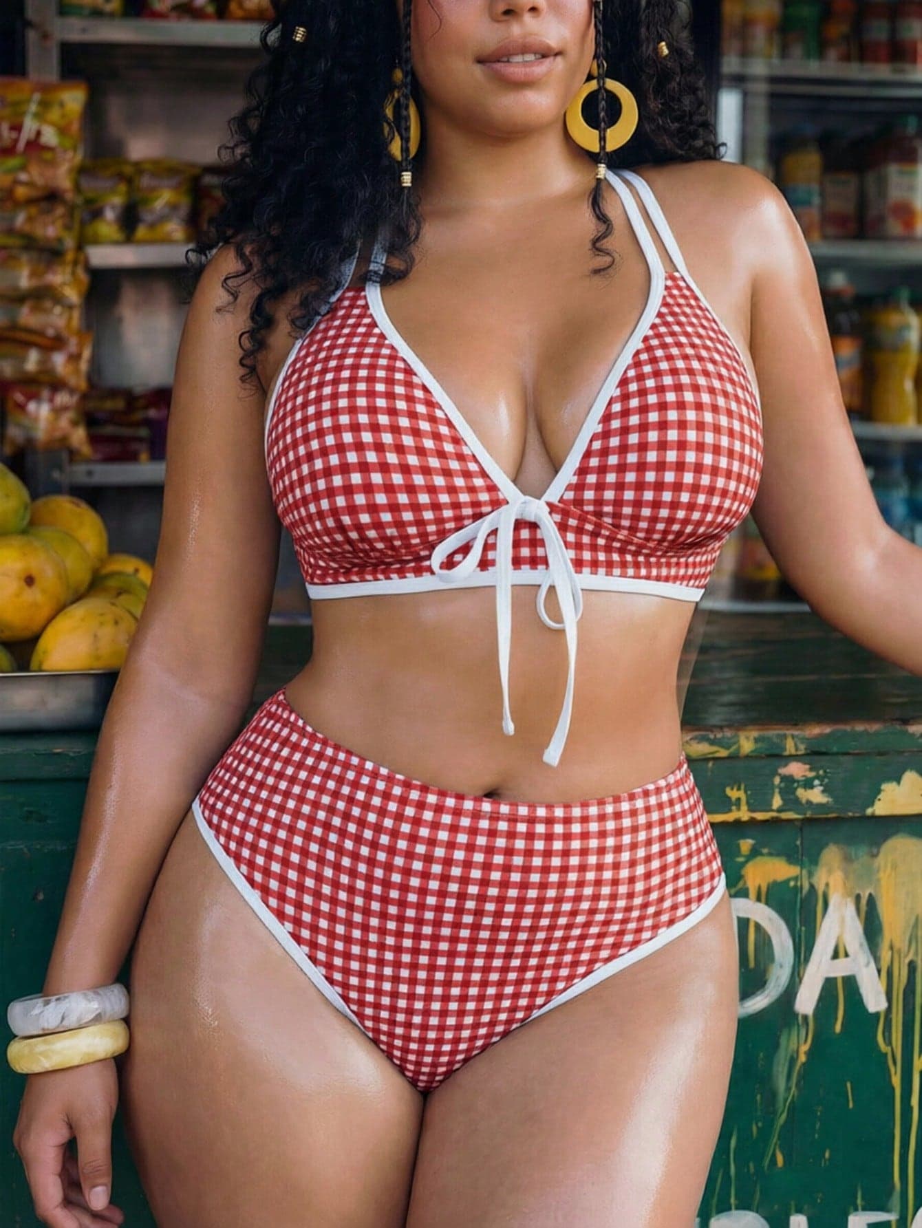 Swim Vcay Plus Size Women 2-Piece Random Geometric Square Print Fashion Vacation Daily Minimalist Casual Slimming Tummy Control Conservative Bow Adjustable Thick Shoulder Strap High Waist High Leg Triangle Bikini Set Set 2026 New