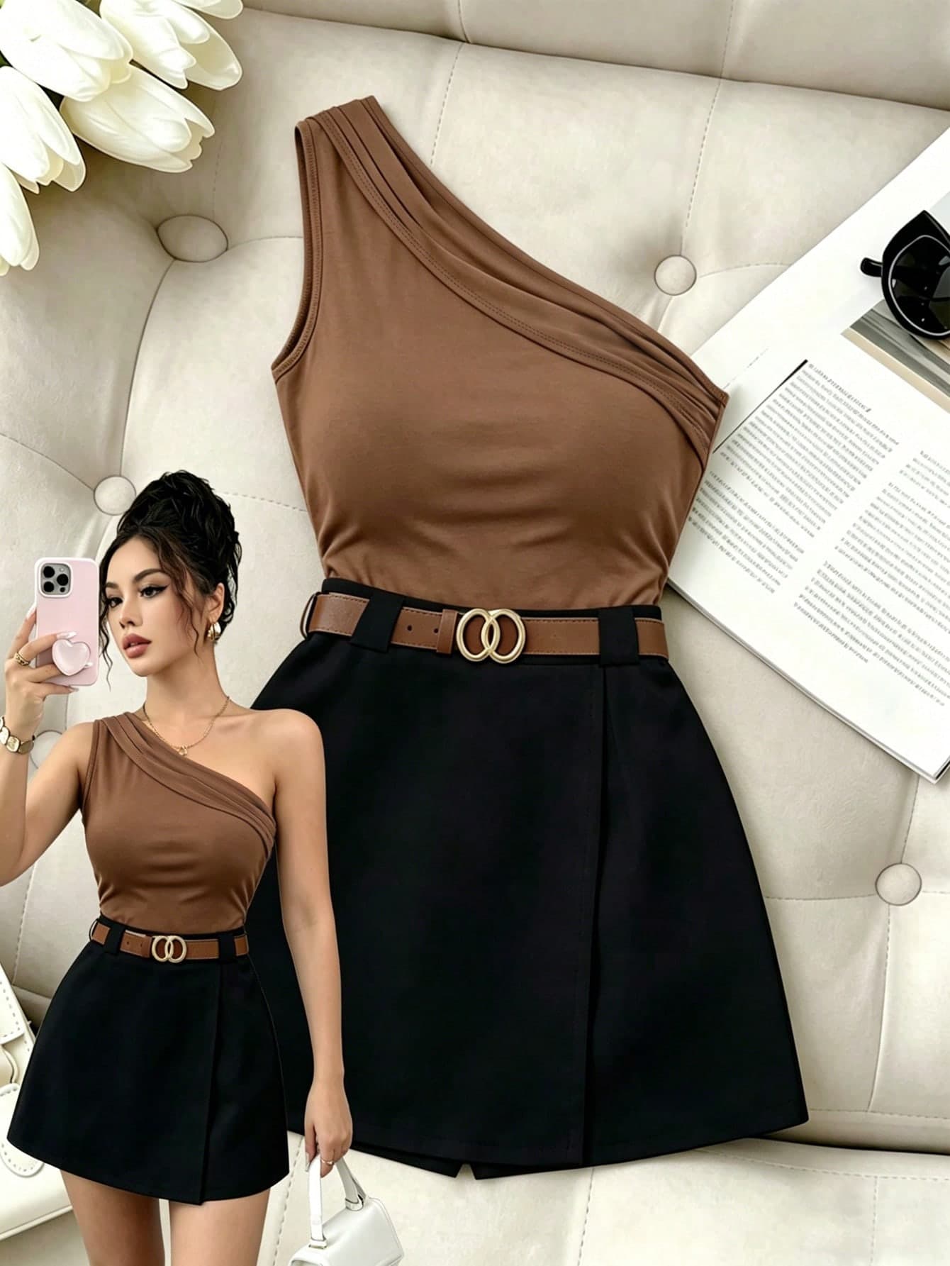 Elenzga French Chic Seksi Chic Brown Ruched Shoulder Fitted Tank Top & Black Elastic Waist Wide Leg Shorts 2-Piece Set,Summer Night Casual Outfit For Women