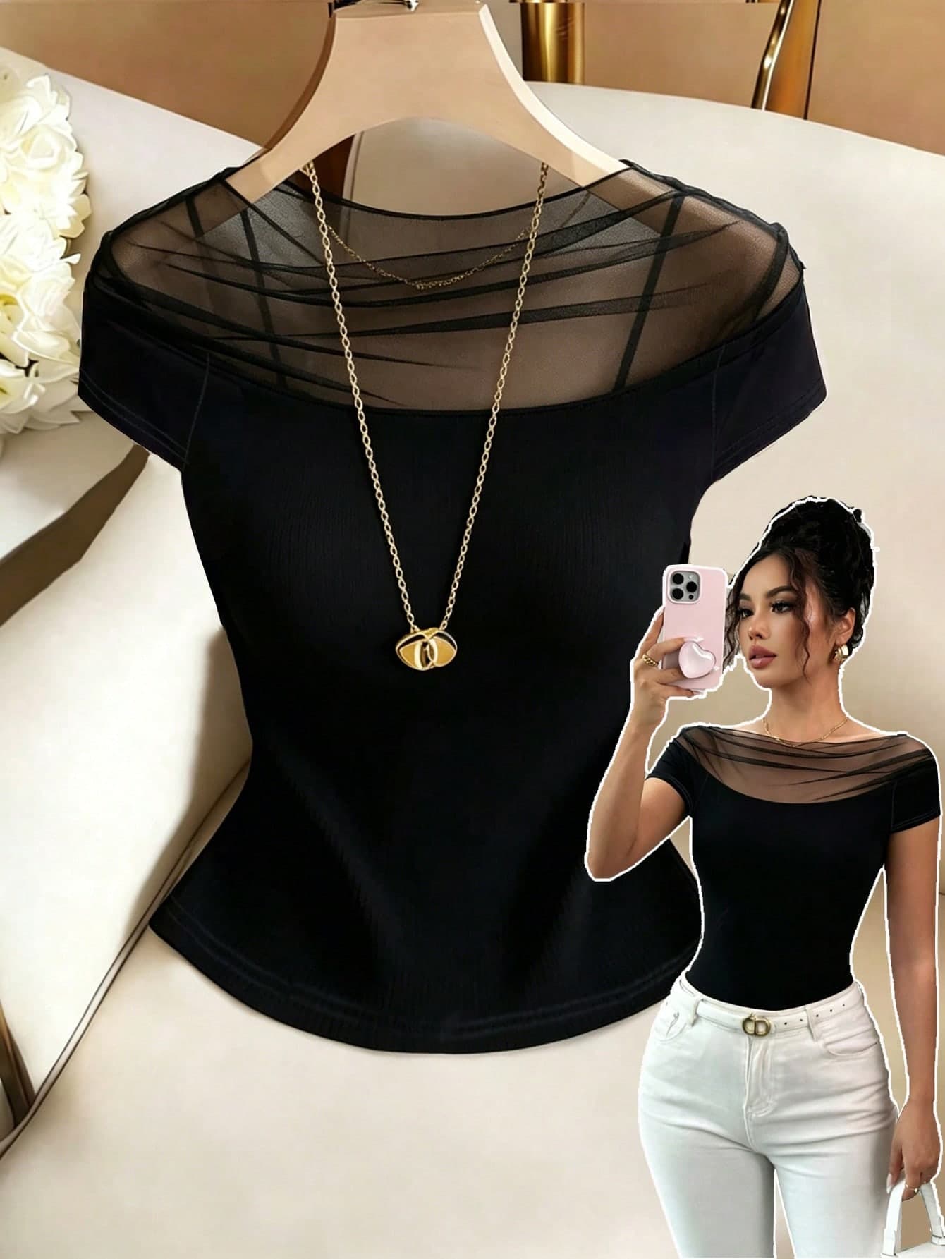 SHEIN Raffinéa Women's Black Elegant Mesh Fitted Short-Sleeved T-Shirt For Summer Night Out,Textured Knit Y2K Style Top For Holiday,Office Work & Casual Wear