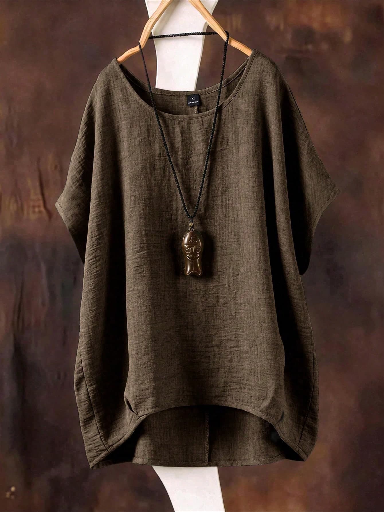 SHEIN Plus Size Women's Solid Color Round Neck Textured Casual Shirt