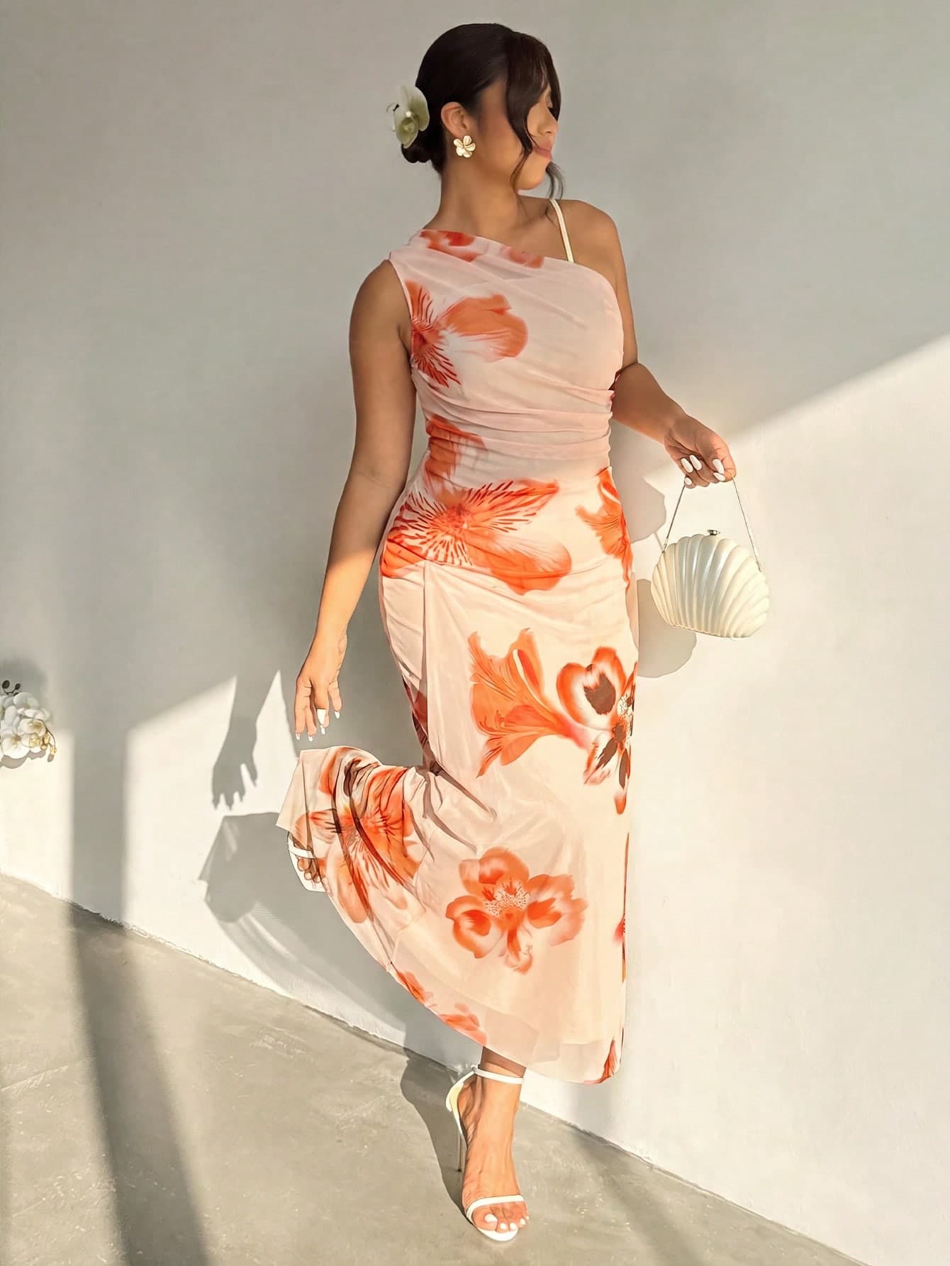 Firerie Plus Size Women Elegant Party Vacation Beach Mesh Sheer Asymmetrical Neckline Ruched Fitted Sleeveless Spaghetti Strap Dress Orange Summer
