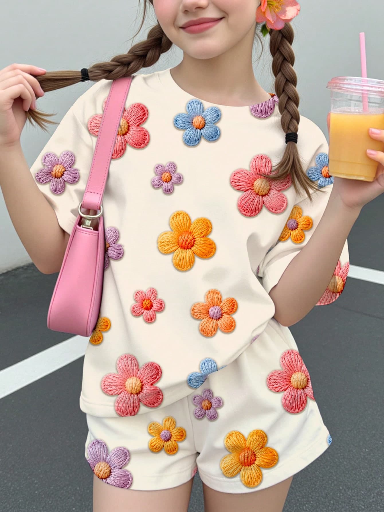 Tween Girl Casual Cute Textured Ditsy Floral, Sweet Creamy Style, Floral Country, Round Neck Short Sleeve T-Shirt Loose Shorts Two Pieces Set Suitable For Spring/Summer, Graphic, Cozy, Girls Outfit Sets, Y2K, Vintage, Vacation