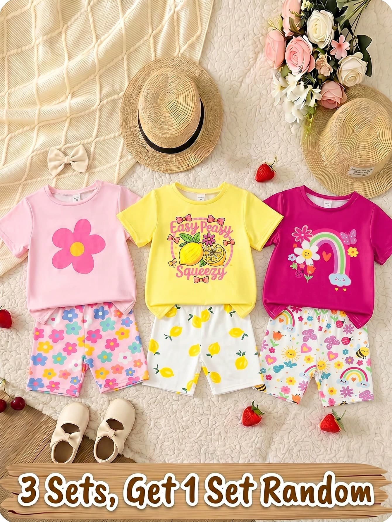 SHEIN 1 Set Girls Toddler Outfit Sweet Cute Floral, Lemon And Rainbow Bee Print Short Sleeve Round Neck Top And Shorts Set Suitable For Spring/Summer Outings, Vacation, School, Festival
