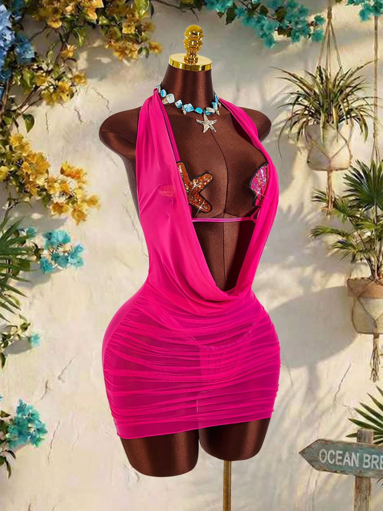 Amplova Women's 3-Piece Bikini Set With Starfish & Shell Cup Details, Mesh Ruffle Cover-Up, Sexy & , Suitable For Vacation & Music Festival Outfits, Spring/Summer New Arrival