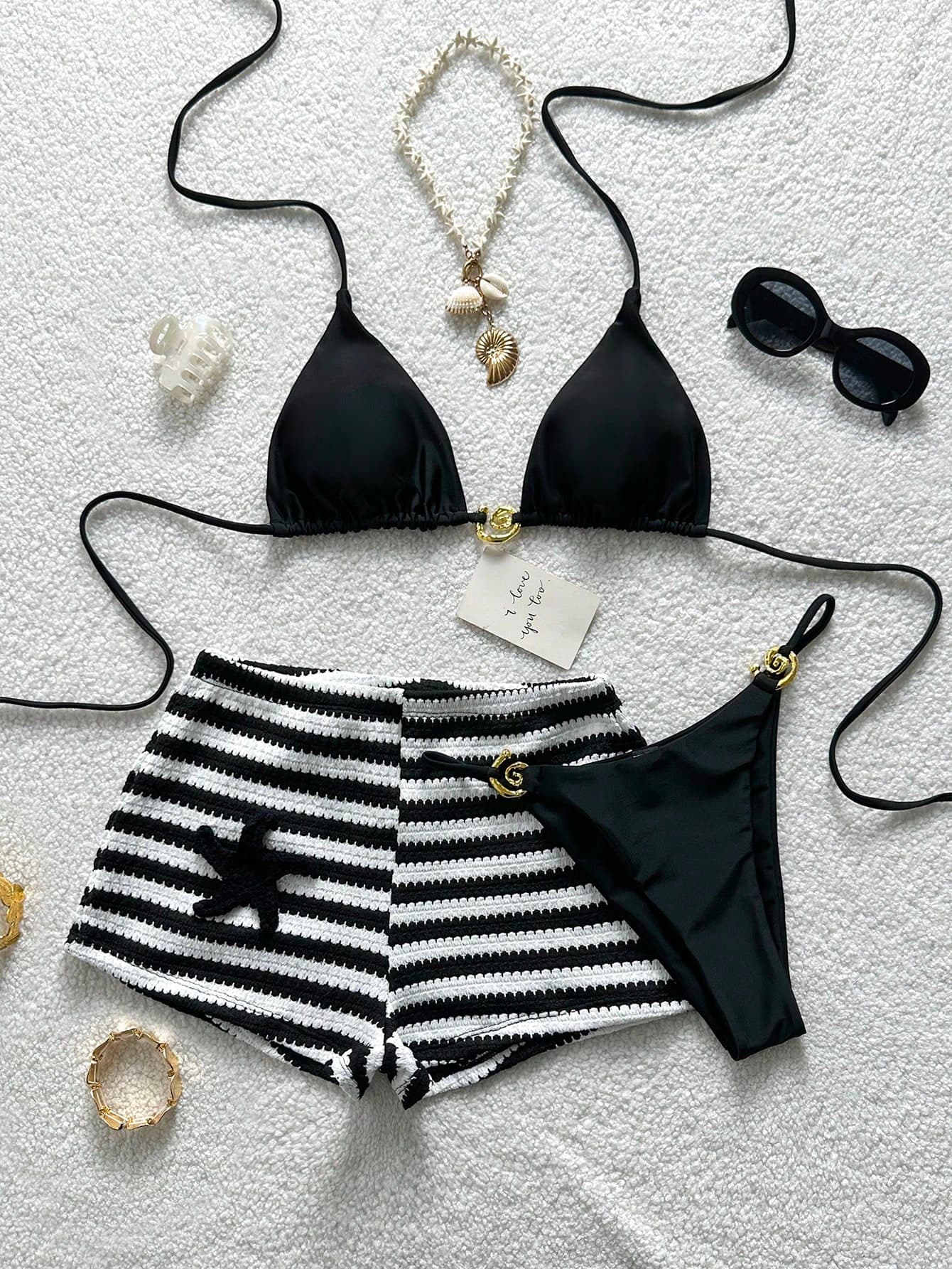 Soleia Women's Metal Buckle Solid Color Halter Neck Tie Sexy Two-Piece Swimsuit With Applique Striped Shorts 3-Piece Set Bathing Suits For Women