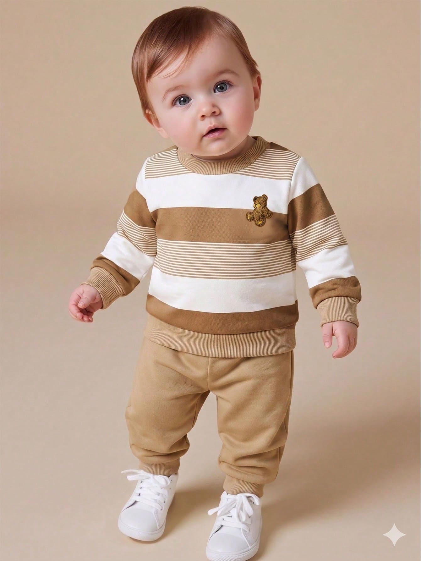 SHEIN Playful Pals Wide Stripe Bear Embroidery Sweatshirt Casual Baby Boy Outfit