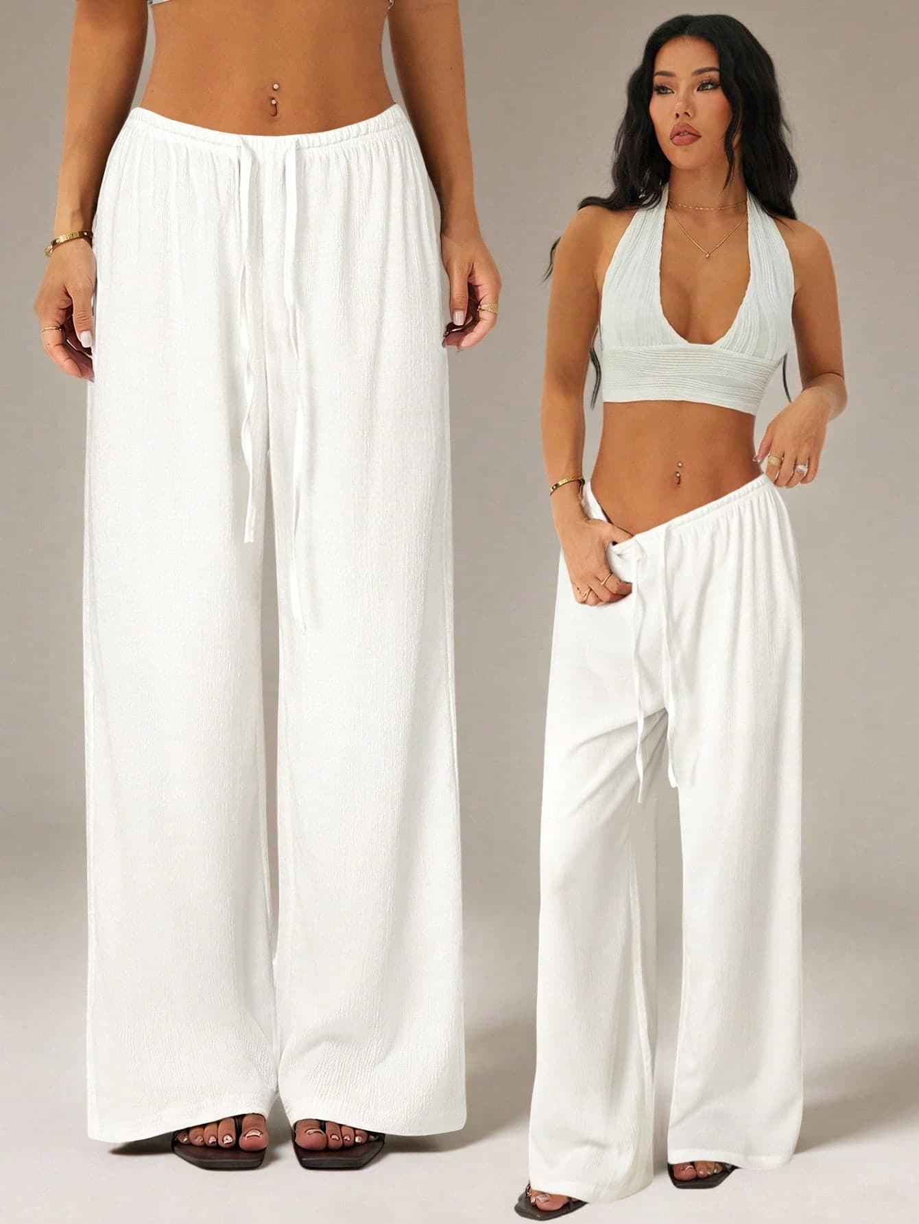 SHEIN PETITE Women's Solid Color Tie Waist Wide Leg Loose Casual Versatile Pants