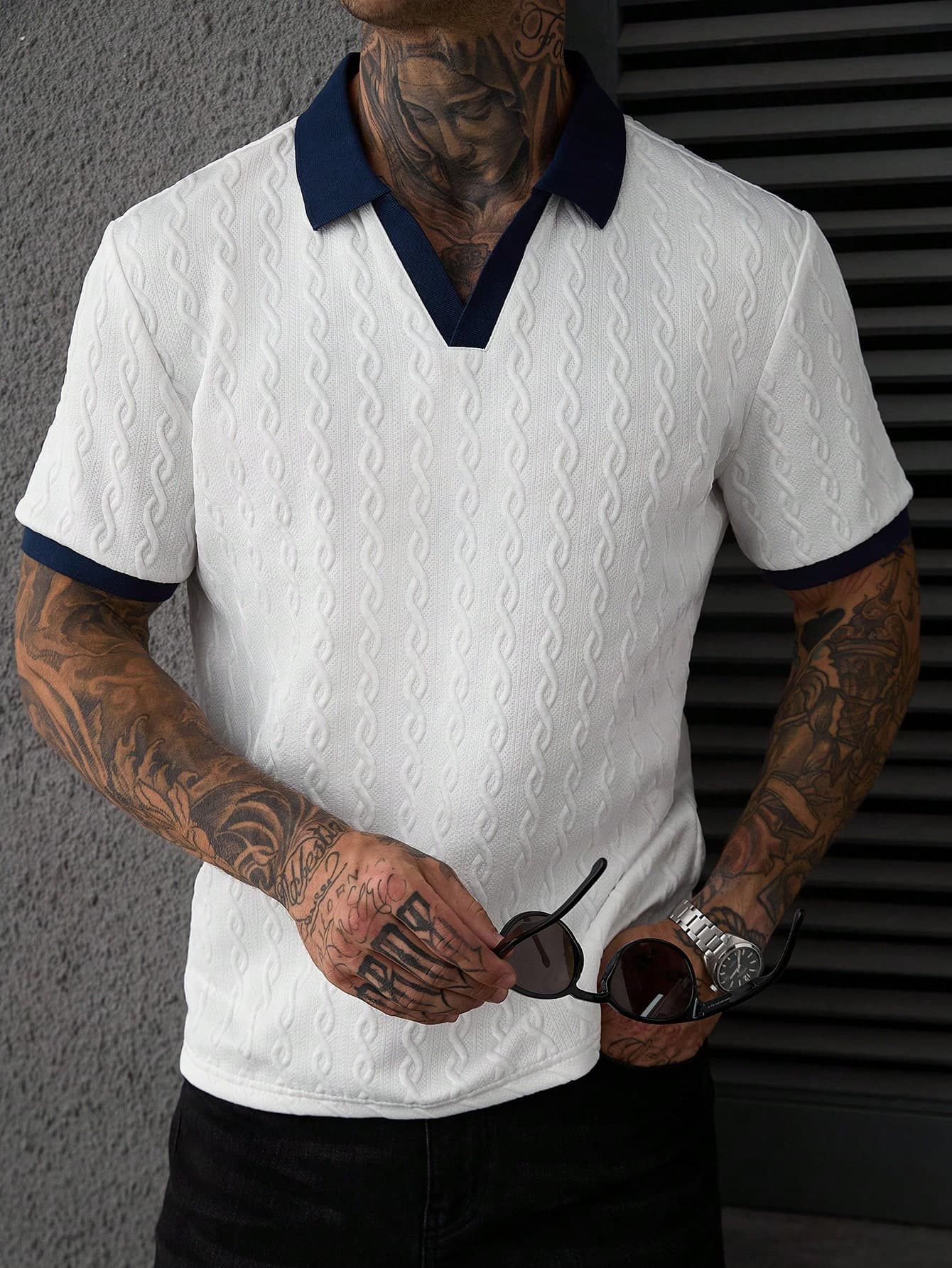 Manfinity CasualCool Men's White Knit Jacquard Short Sleeve Polo Shirt,Summer Smart Casual Fashion Patterned Top,Old Money Style Holiday Outfit,Vintage Commuter Apparel