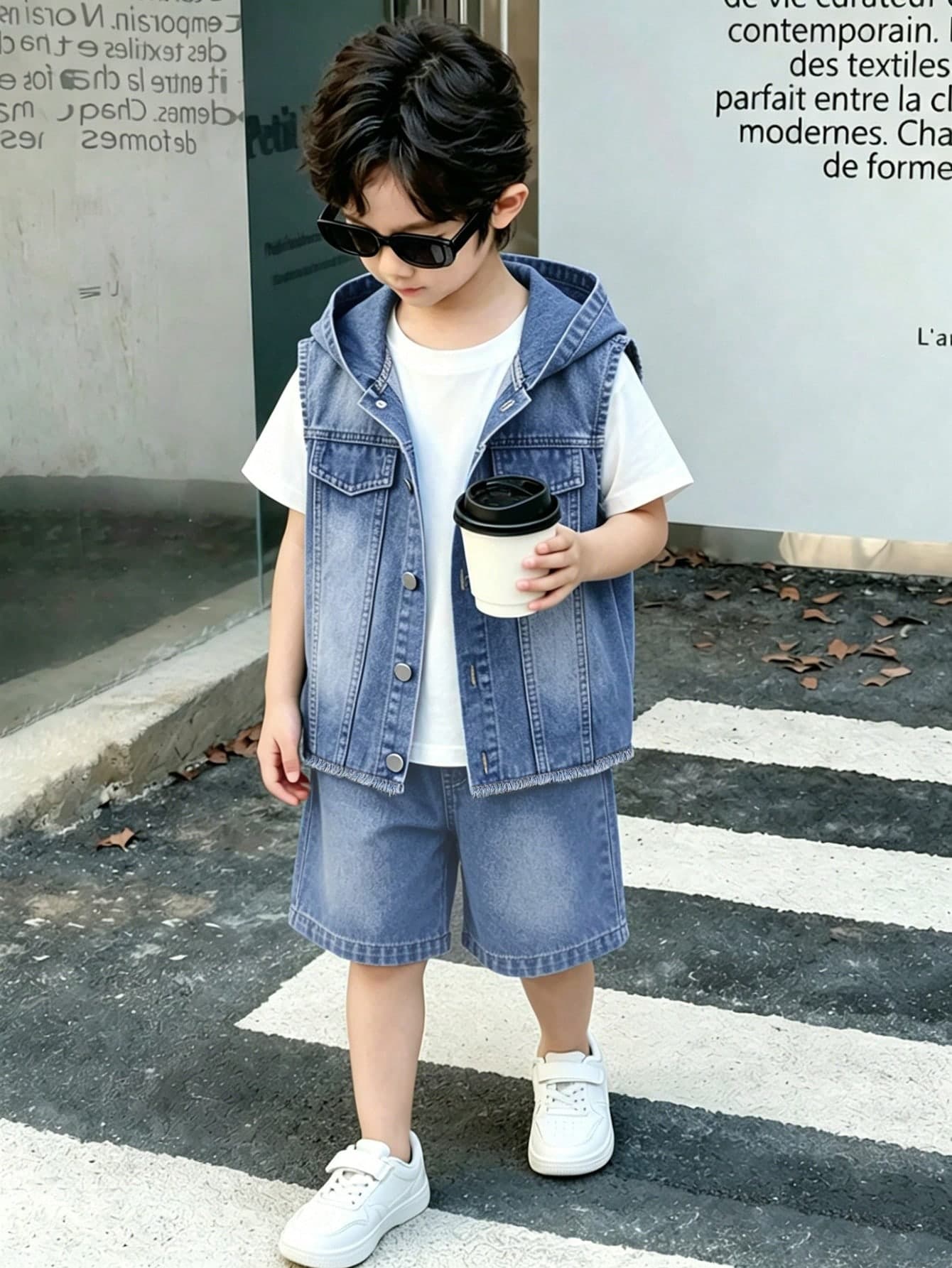 SHEIN Genkimix Kids YOUNG BOYS Toddler Boy Denim Set, Mid-Blue Vintage Color, Hooded Vest Top Paired With Multi-Pocket Cargo Denim Loose Shorts, Casual Fashion Street Style
